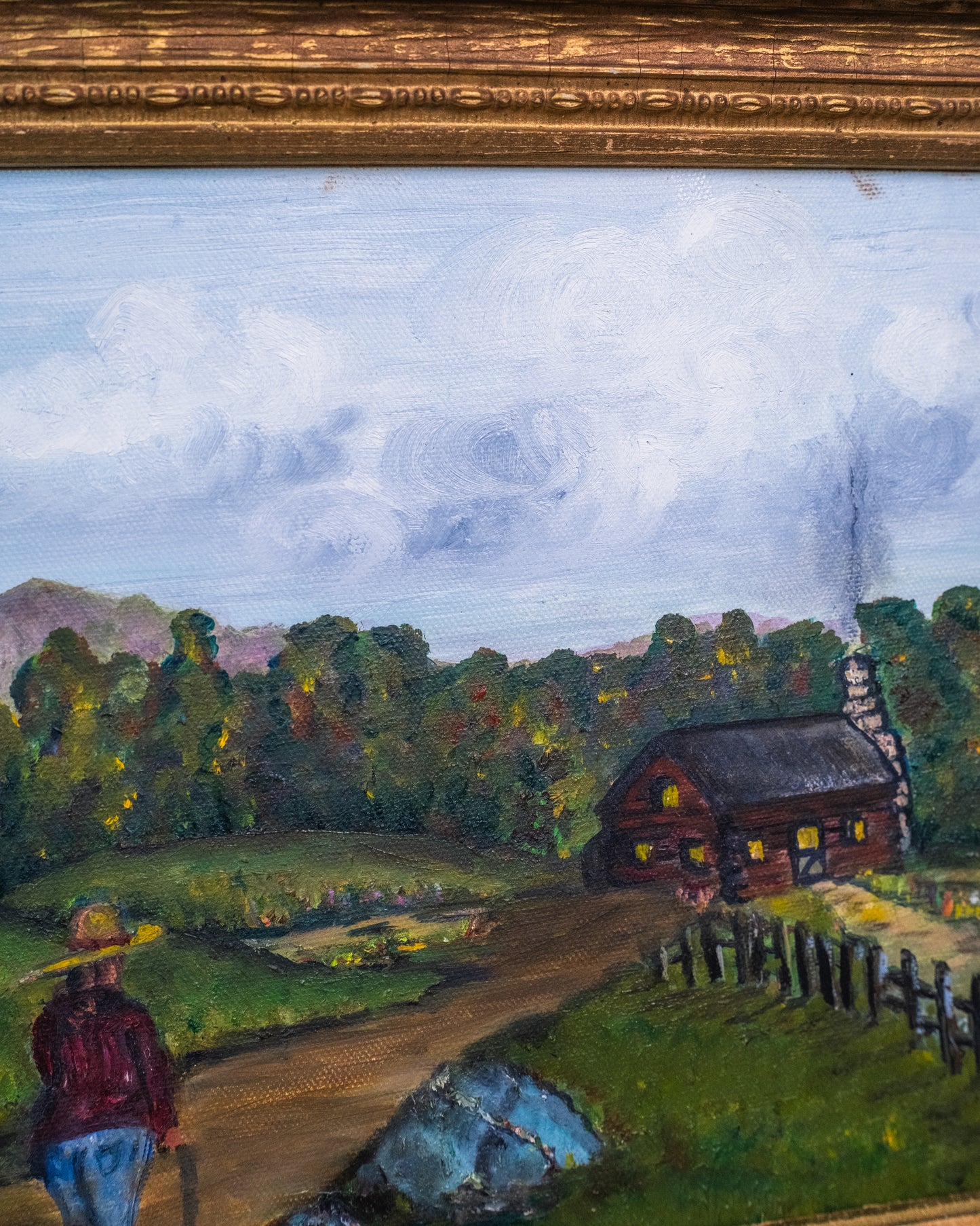 Vintage 1950s Framed "Man & His Cottage " Oil on Canvas Folk Art Painting | Signed