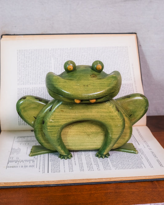 Vintage 1980s Green Wooden Frog Statue