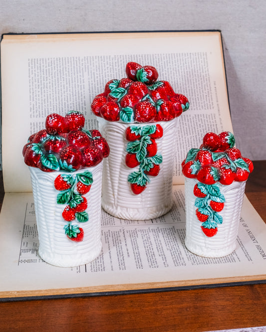Vintage 1960s Ceramic Strawberry Basket Kitchen Canisters | Set of 3