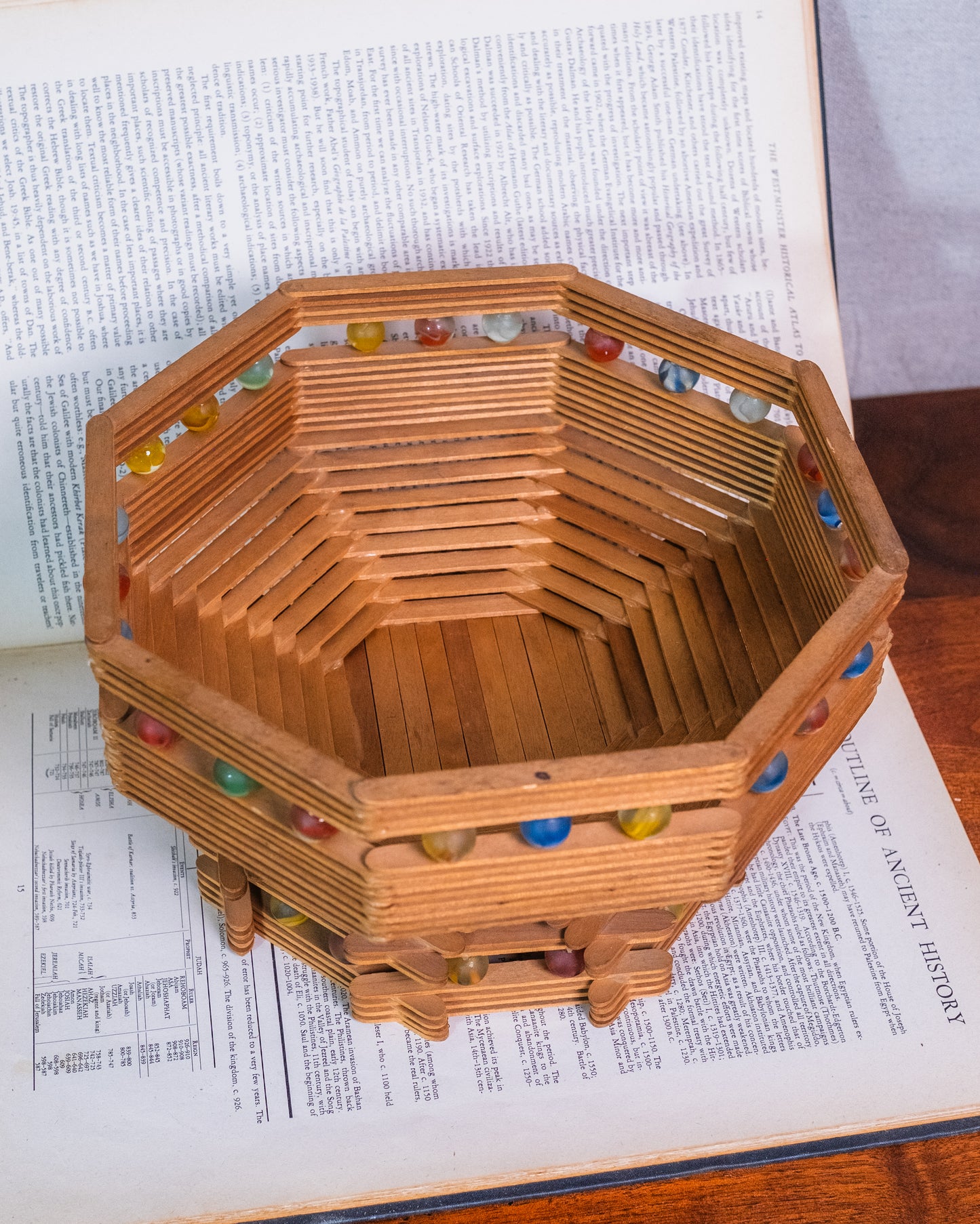Vintage Tramp Art Popsicle Stick & Marbles Centerpiece Bowl