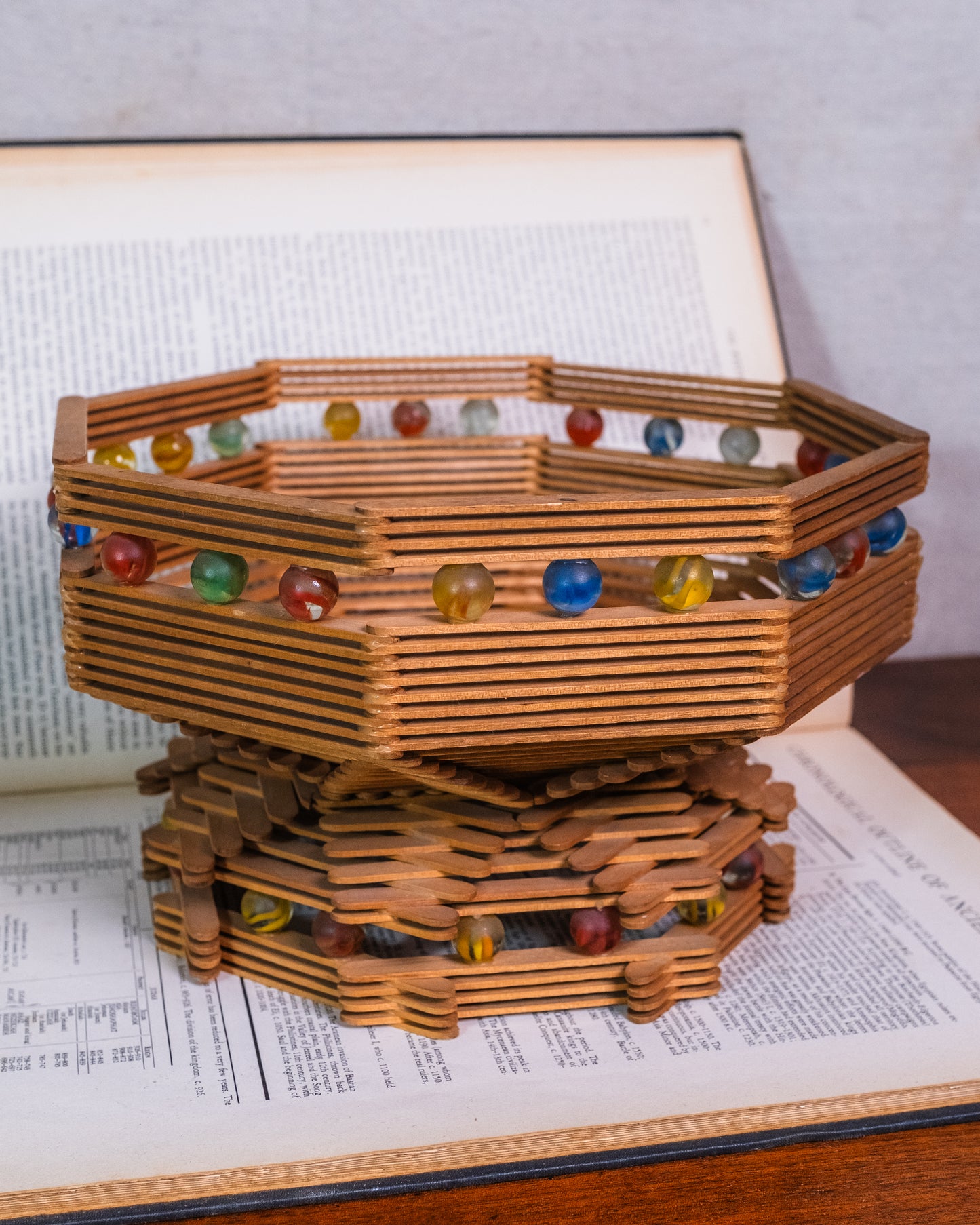 Vintage Tramp Art Popsicle Stick & Marbles Centerpiece Bowl