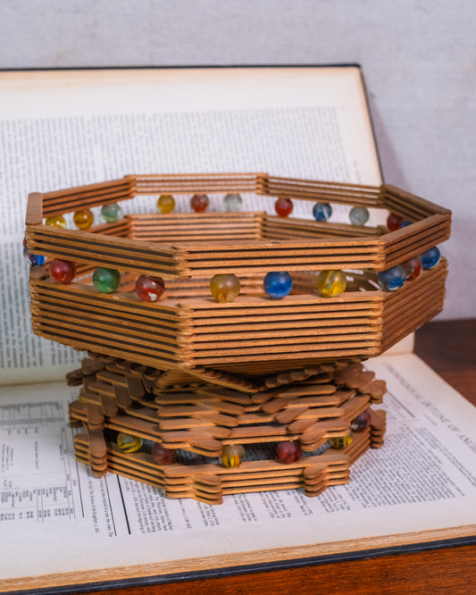 Vintage Tramp Art Popsicle Stick & Marbles Centerpiece Bowl