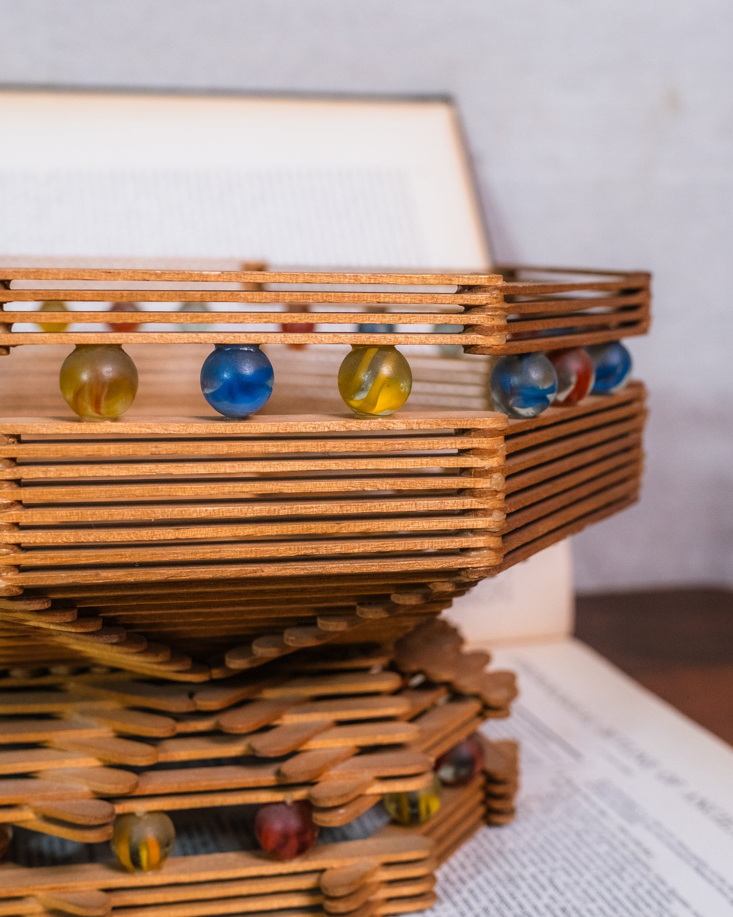 Vintage Tramp Art Popsicle Stick & Marbles Centerpiece Bowl
