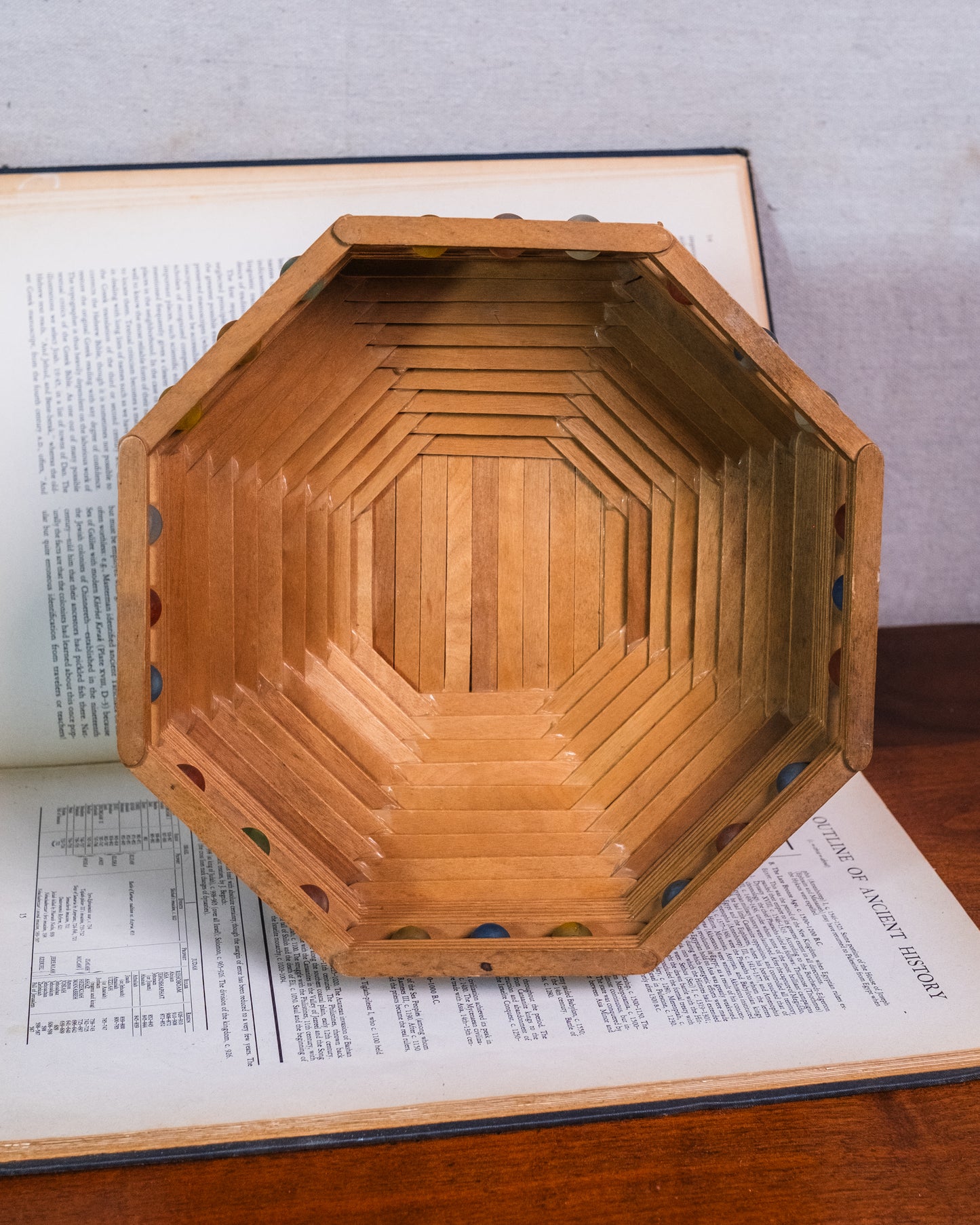 Vintage Tramp Art Popsicle Stick & Marbles Centerpiece Bowl