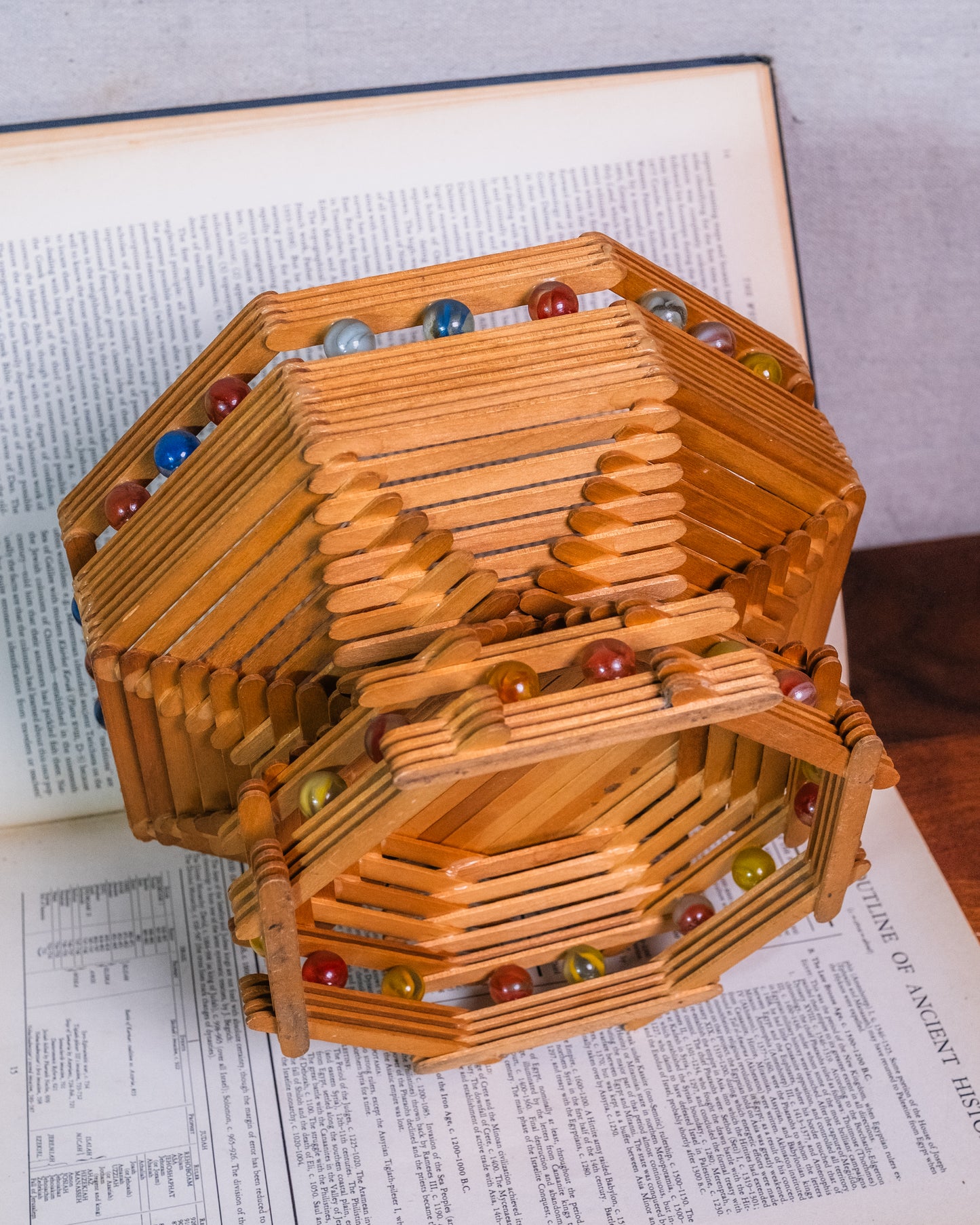 Vintage Tramp Art Popsicle Stick & Marbles Centerpiece Bowl