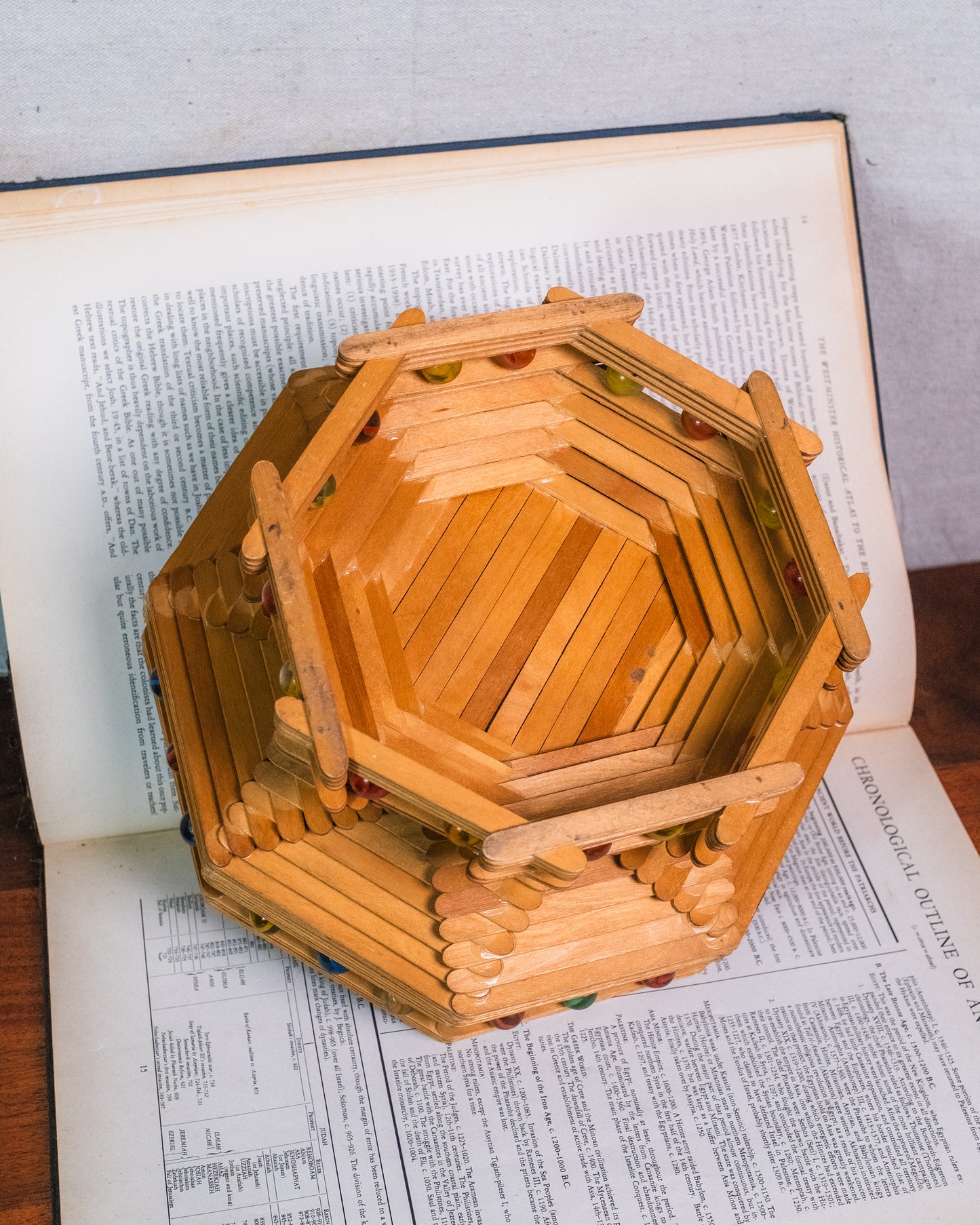 Vintage Tramp Art Popsicle Stick & Marbles Centerpiece Bowl
