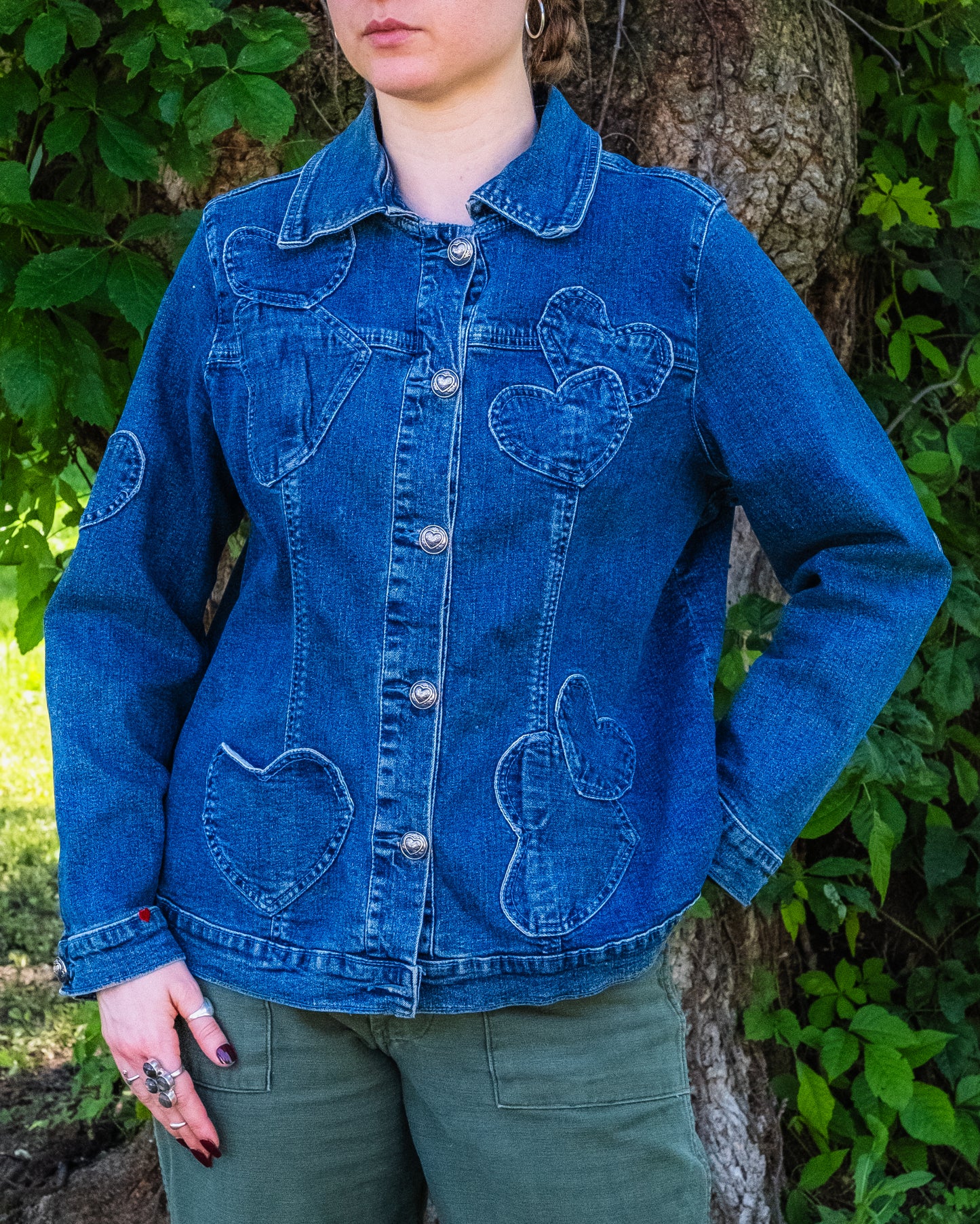 Vintage 1990s Heart Patchwork Denim Jacket | Large