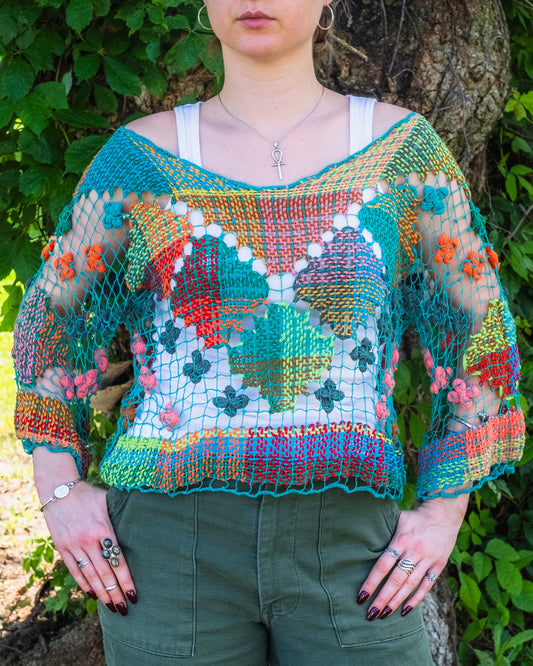 Vintage Handmade Fishnet Crochet Multi-Color Floral Top | M/L