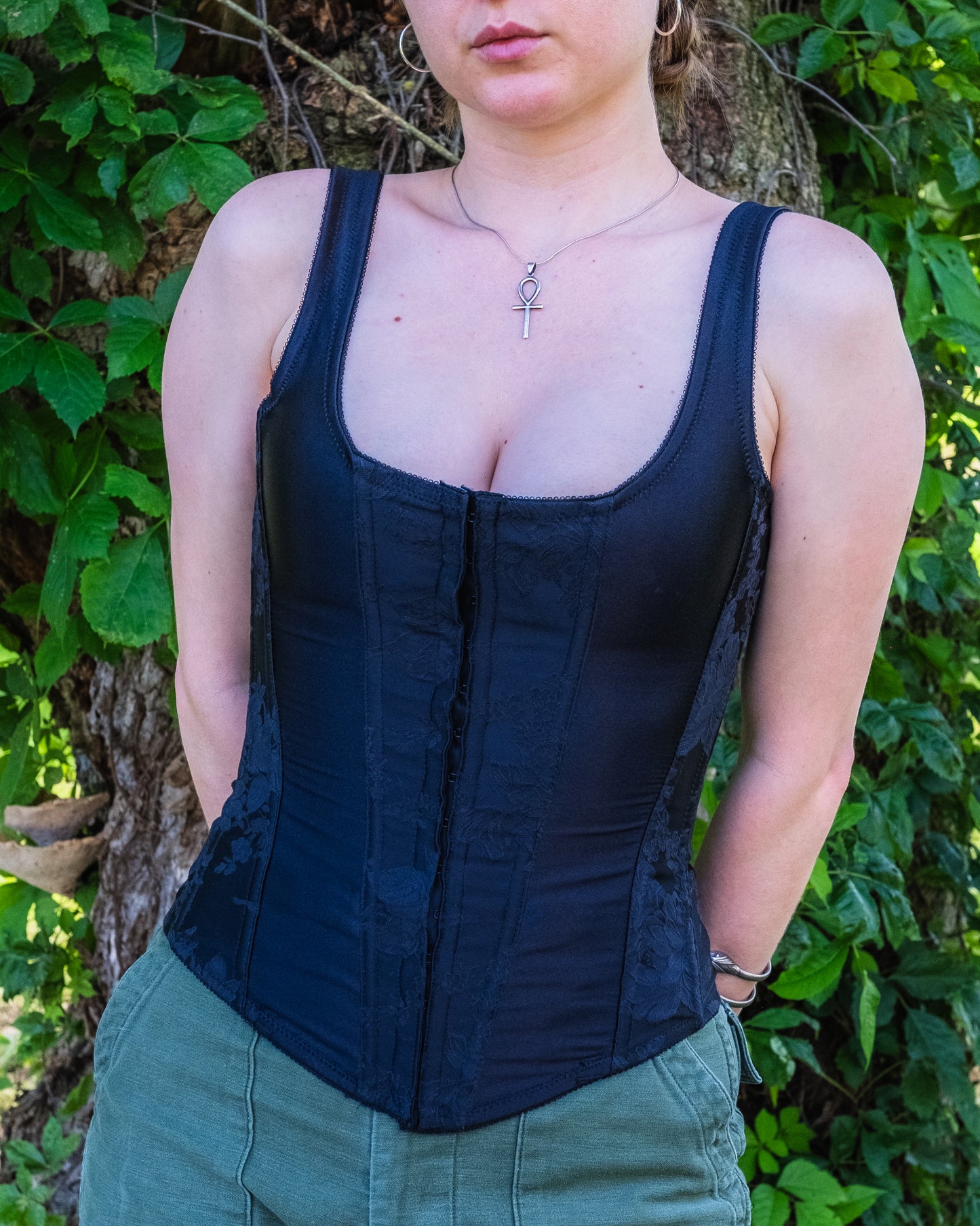 Vintage 1970s Black Satin Floral Jacquard Corset Top | 34