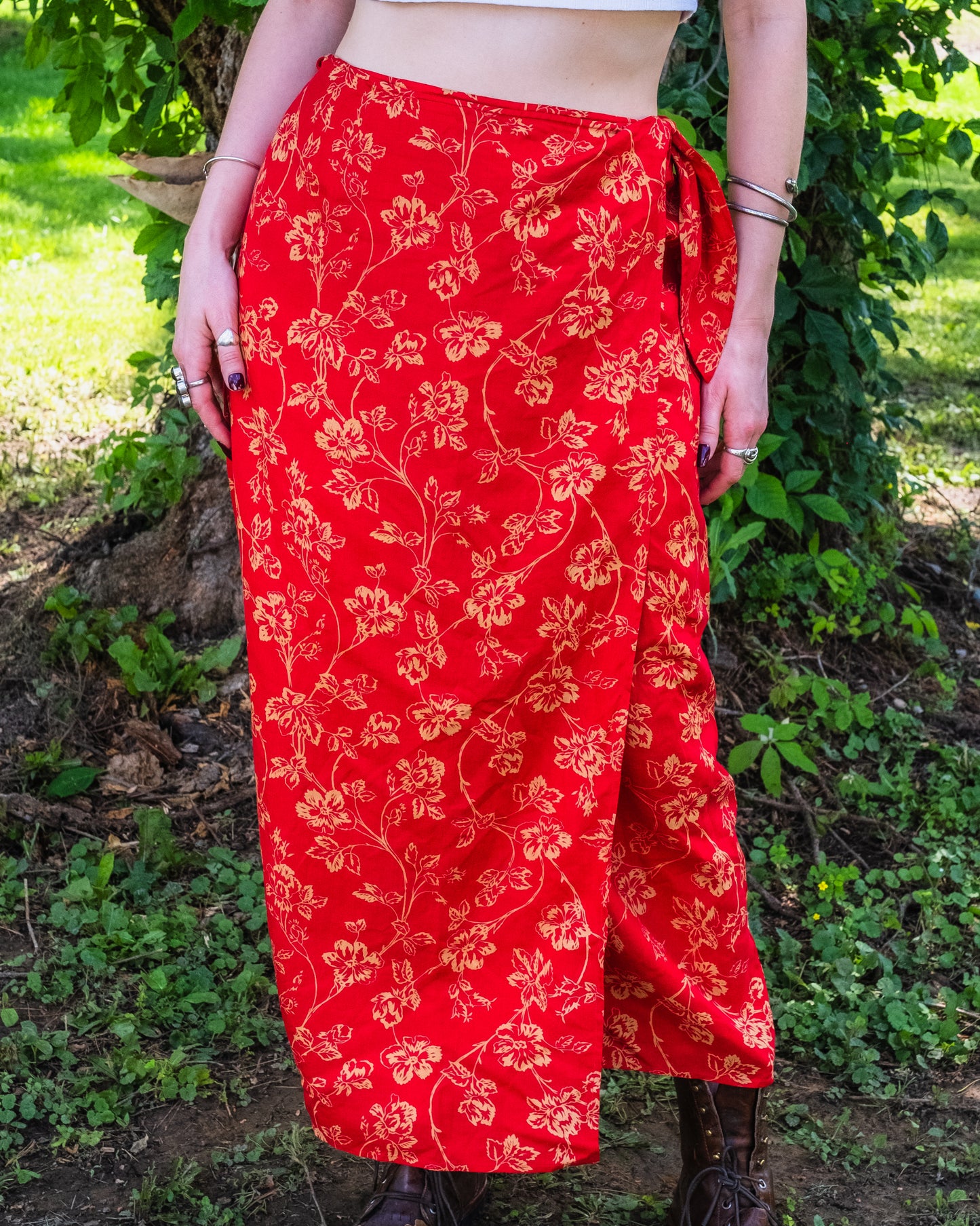 Vintage 1990s Lauren Ralph Lauren Red Floral Silk & Linen Wrap Skirt | Waist 31”
