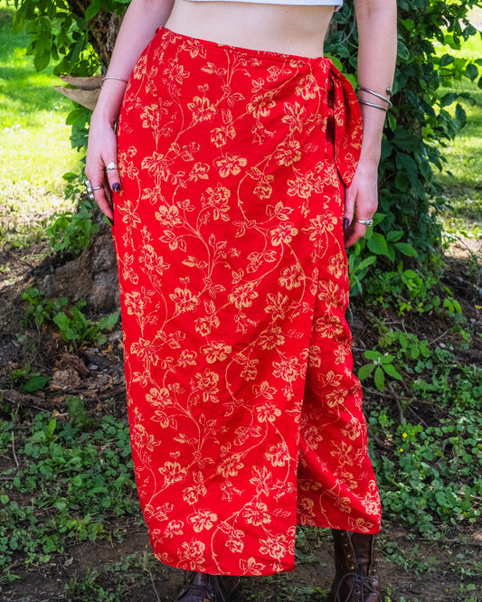 Vintage 1990s Lauren Ralph Lauren Red Floral Silk & Linen Wrap Skirt | Waist 31”