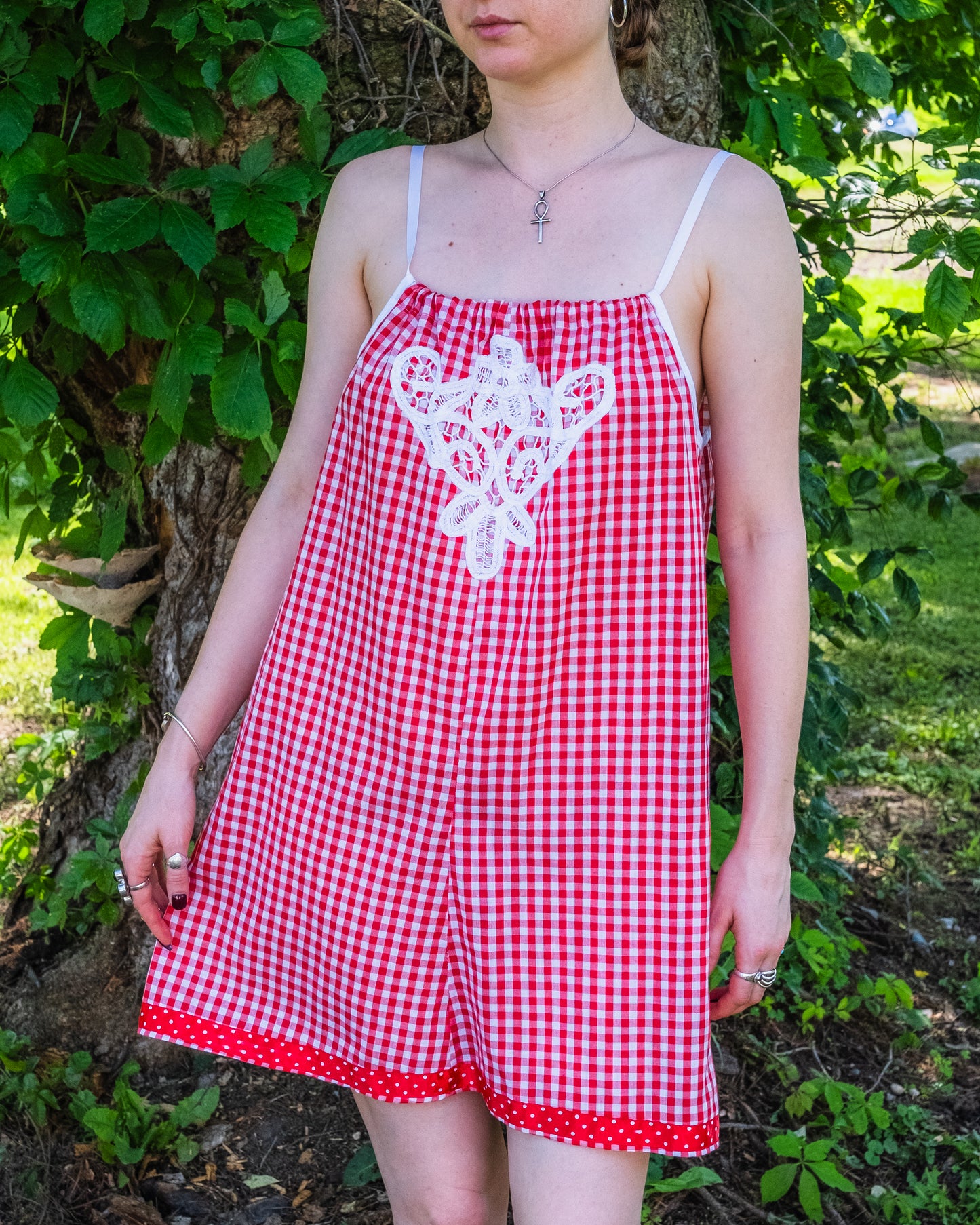 Vintage 1960s Handmade Red Gingham Floral Appliqué Mini Dress | XS/S