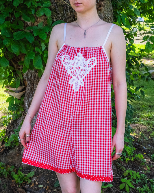 Vintage 1960s Handmade Red Gingham Floral Appliqué Mini Dress | XS/S