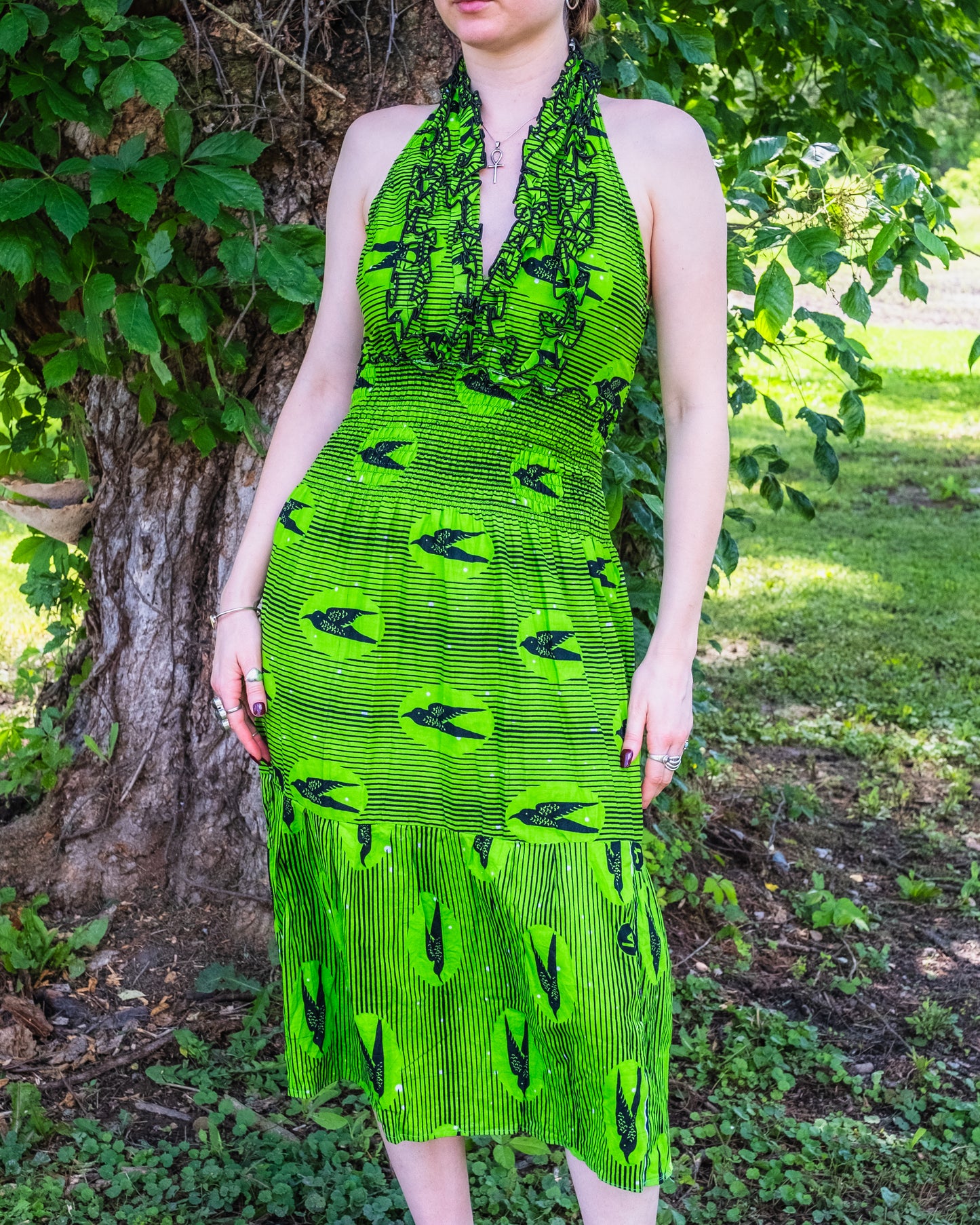 Vintage 1980s Handmade Green & Black Bird Pattern Halter Dress | Small
