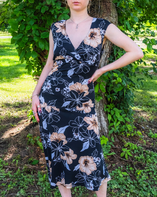Vintage 1990s Byer Too! Black & Tan Floral Print Sleeveless Midi Dress | Large