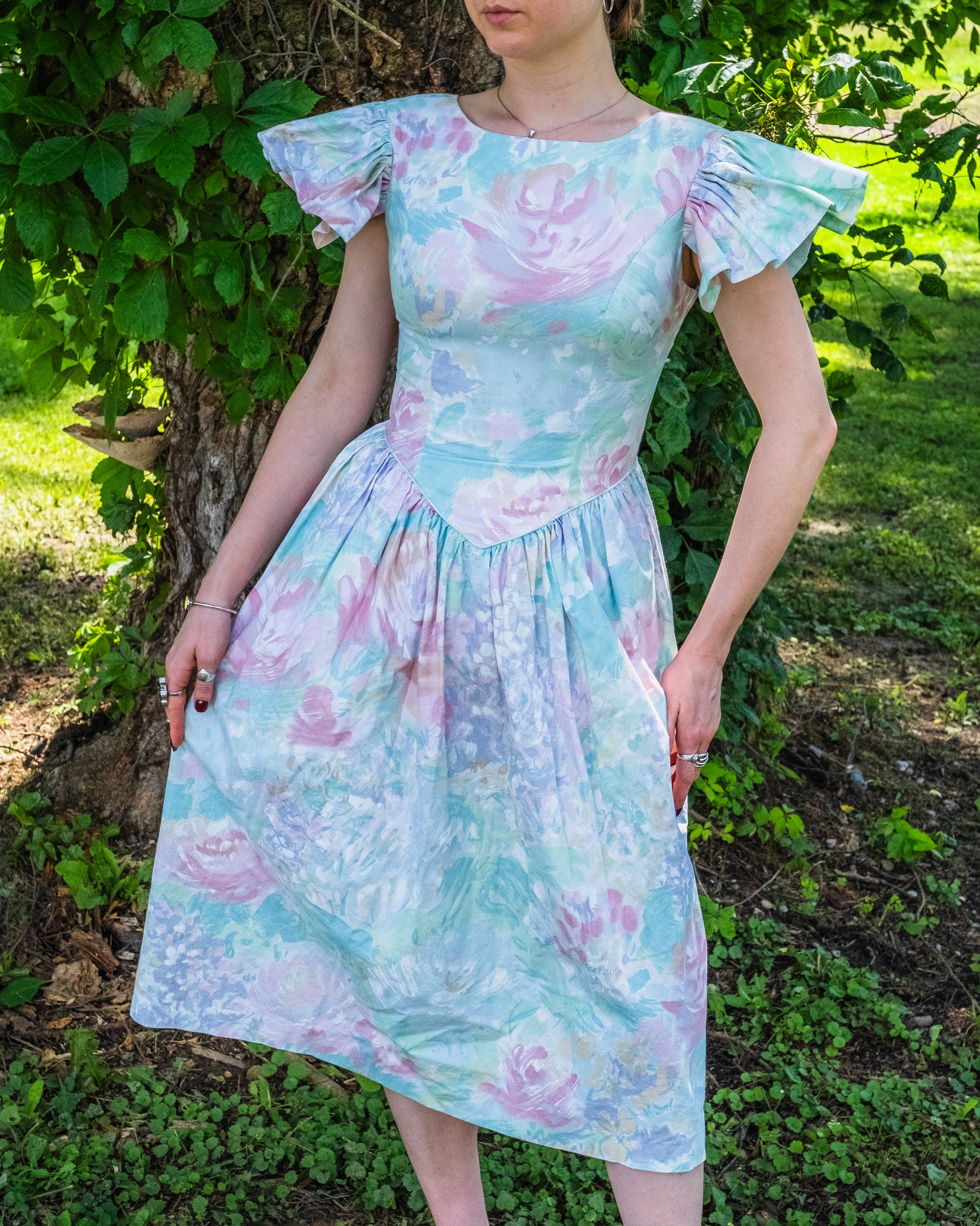Vintage 1980s JCPenney Pastel Floral Flutter Sleeve Formal Dress
