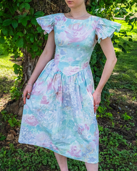 Vintage 1980s JCPenney Pastel Floral Flutter Sleeve Formal Dress | Small