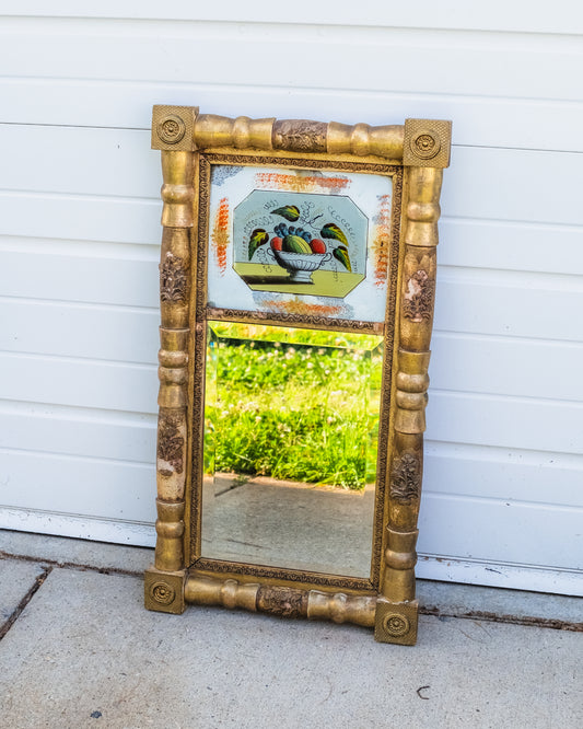 Antique 1800s Federal Gilded Frame Reverse Painted Fruit Bowl Trumeau Mirror