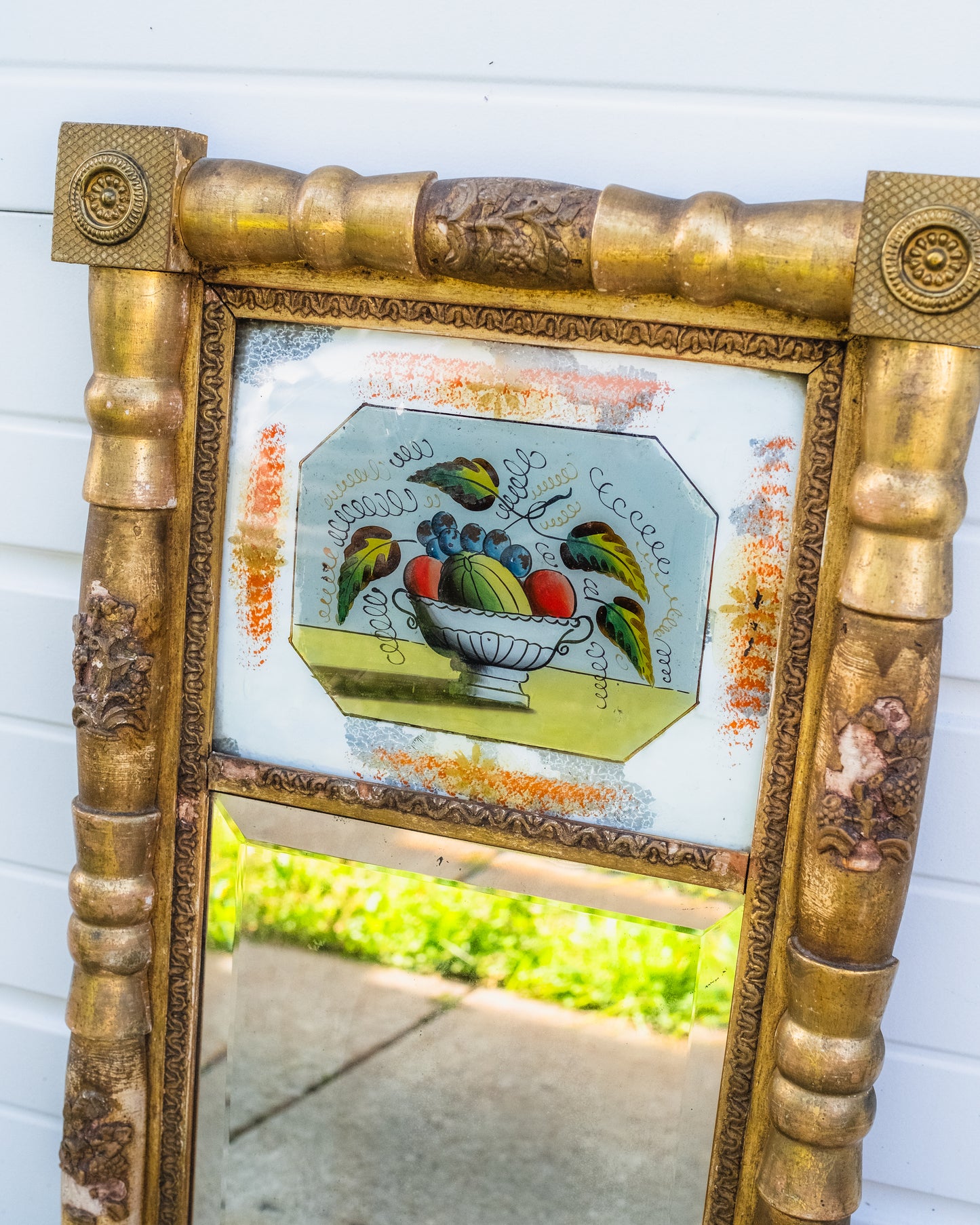 Antique 1800s Federal Gilded Frame Reverse Painted Fruit Bowl Trumeau Mirror
