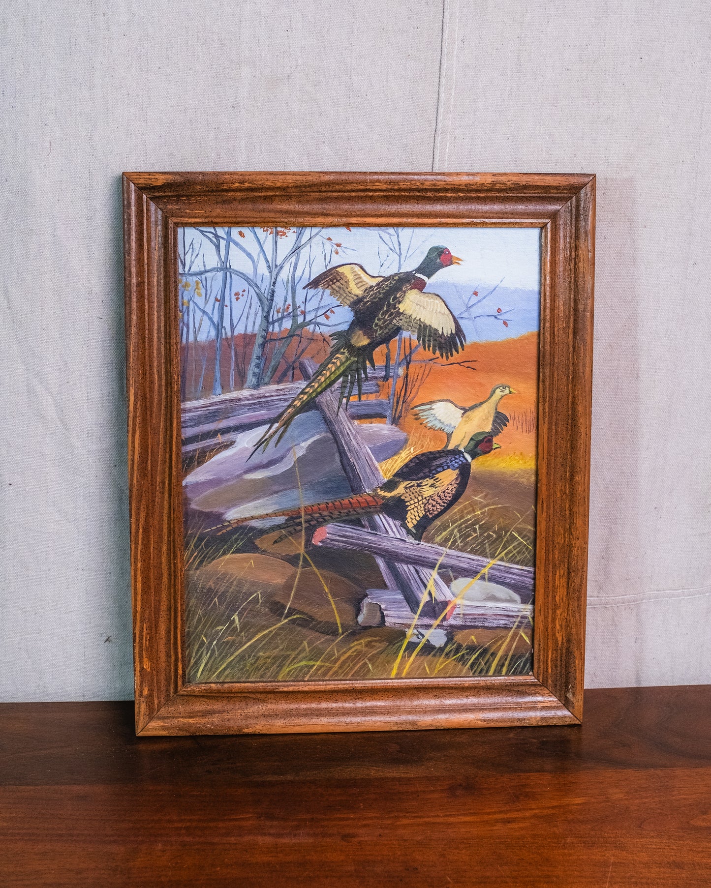 Vintage 1960s Framed Pheasant Oil on Board Painting