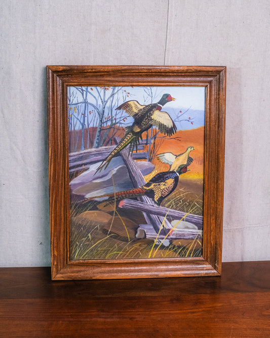 Vintage 1960s Framed Pheasant Oil on Board Painting