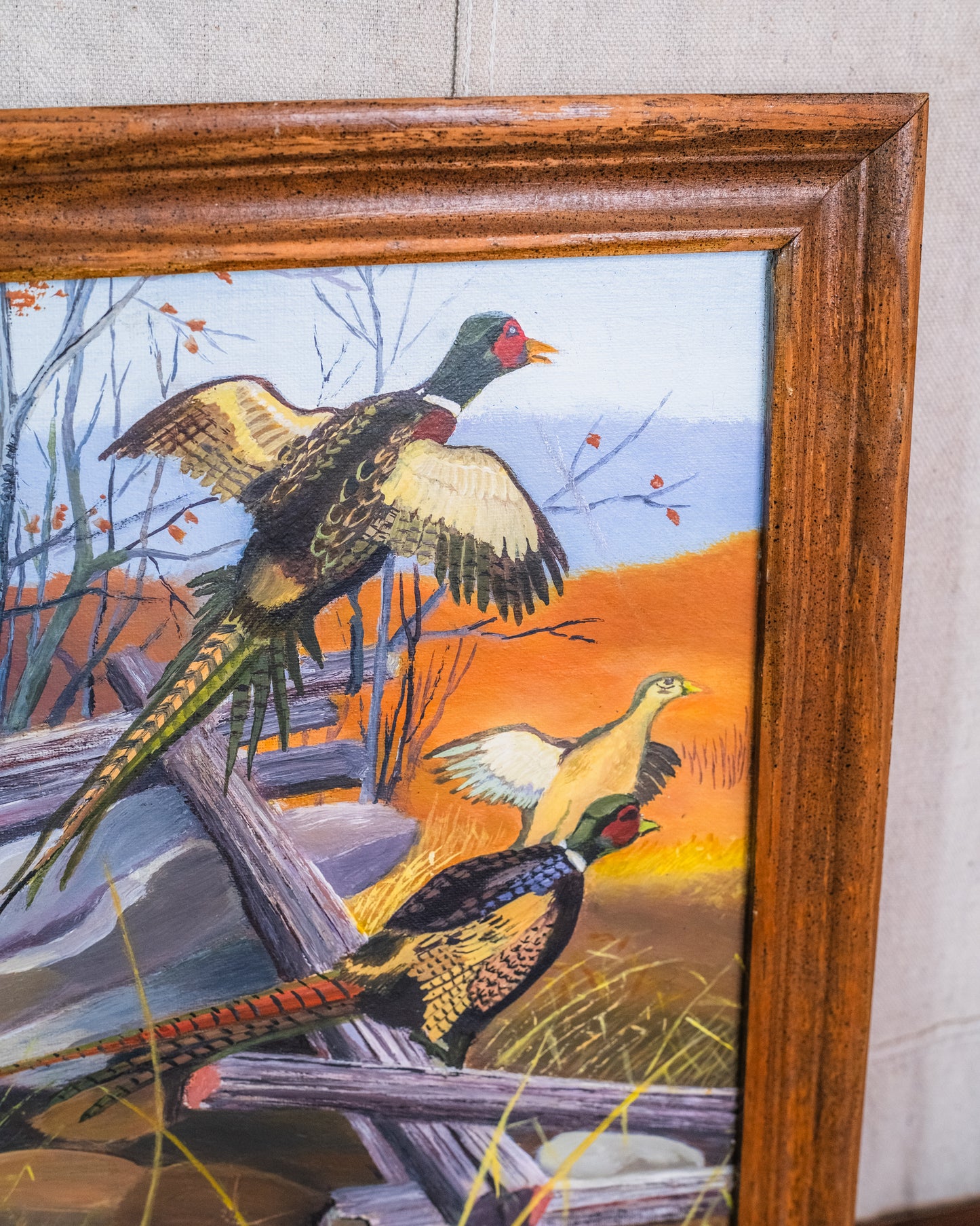 Vintage 1960s Framed Pheasant Oil on Board Painting