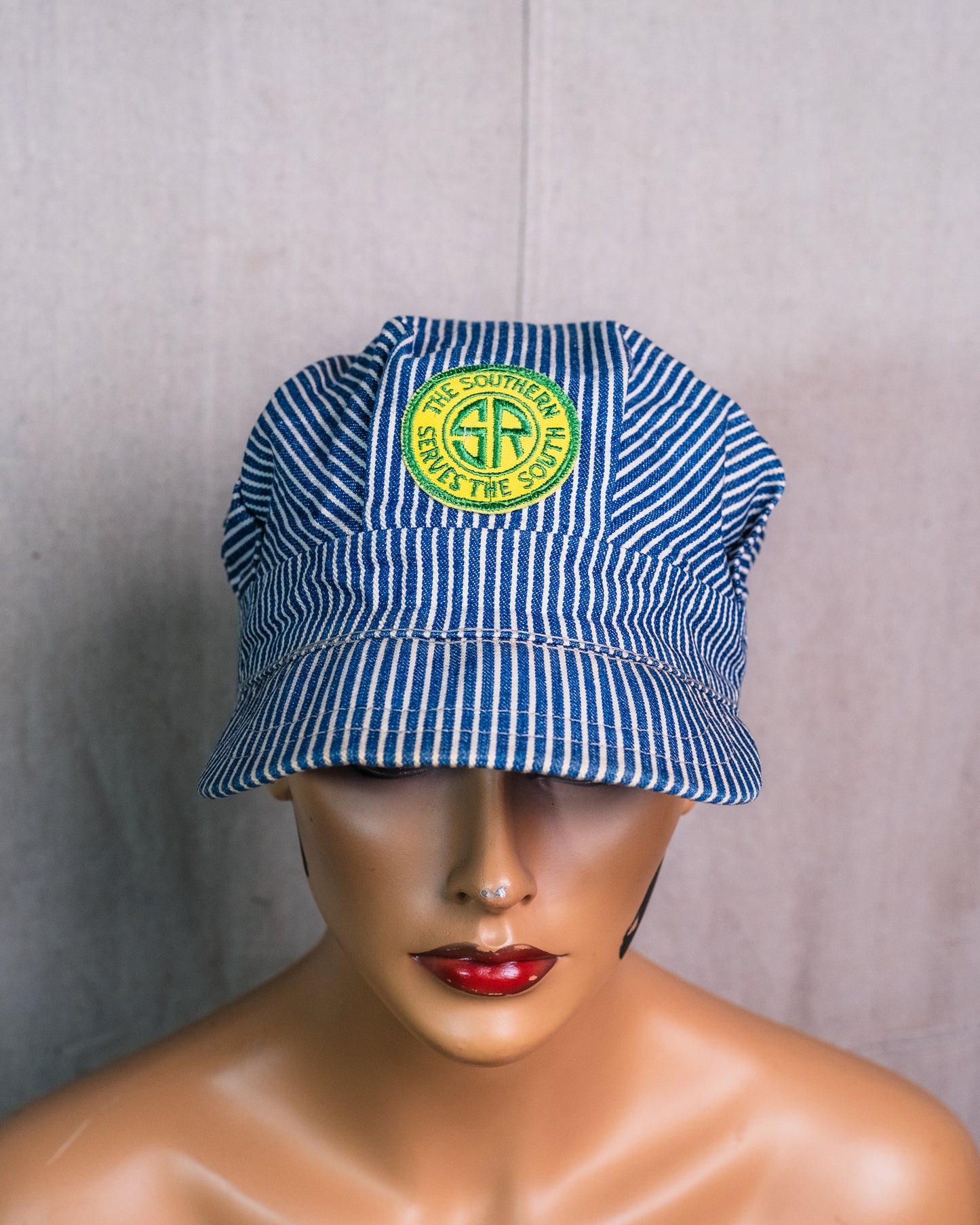 Vintage Blue & White Striped Southern Railway Patched Conductor Hat