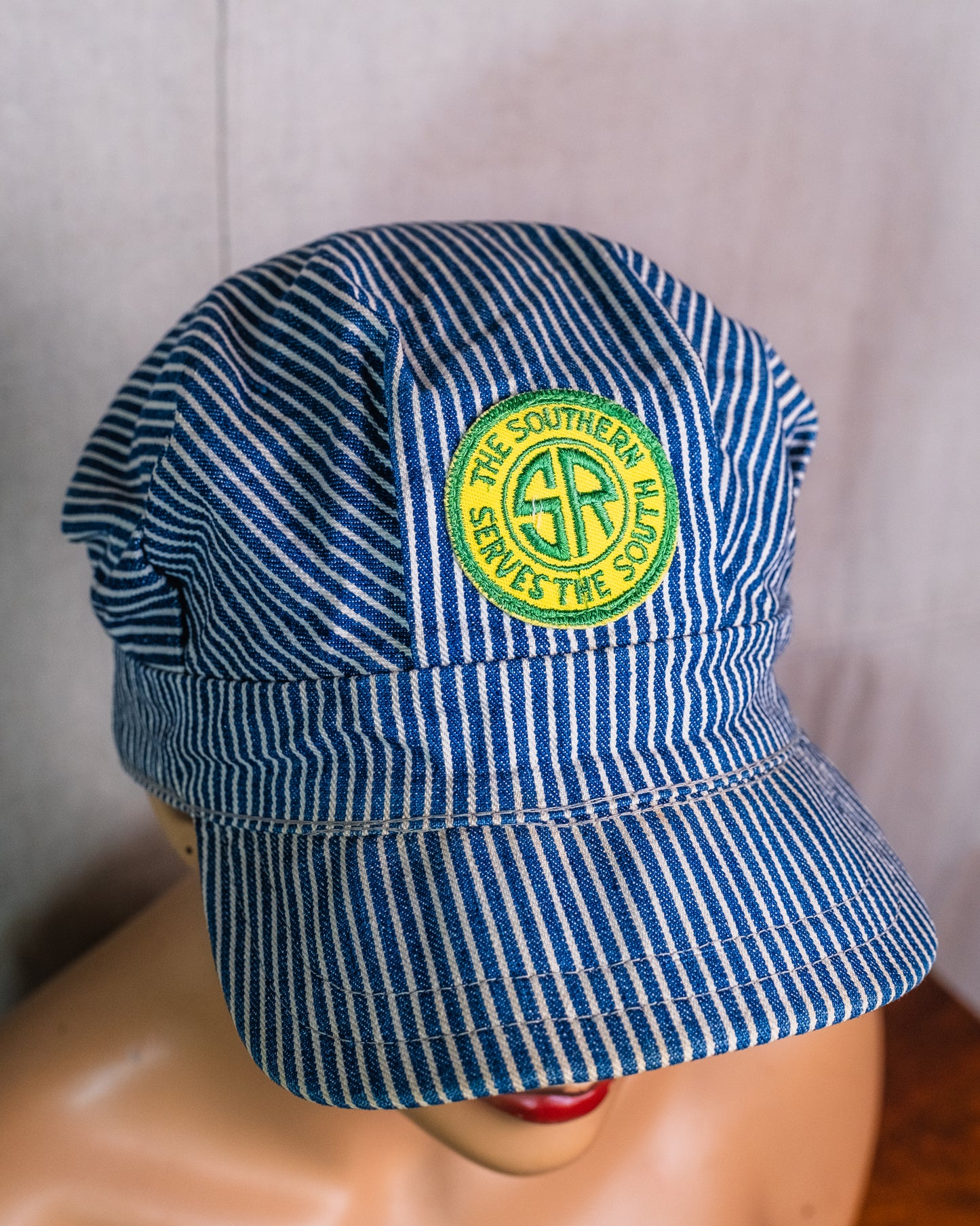 Vintage Blue & White Striped Southern Railway Patched Conductor Hat