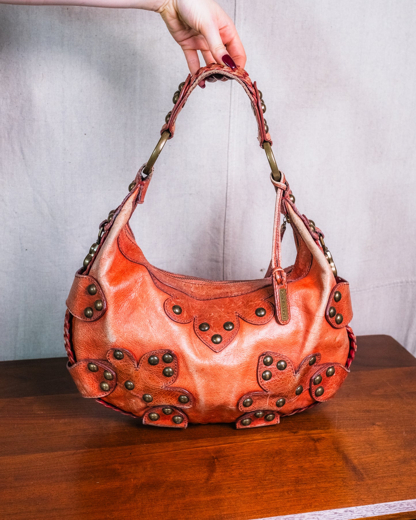 Vintage Isabella Fiore Oasis Studded Leather Distressed Hobo Shoulder Bag
