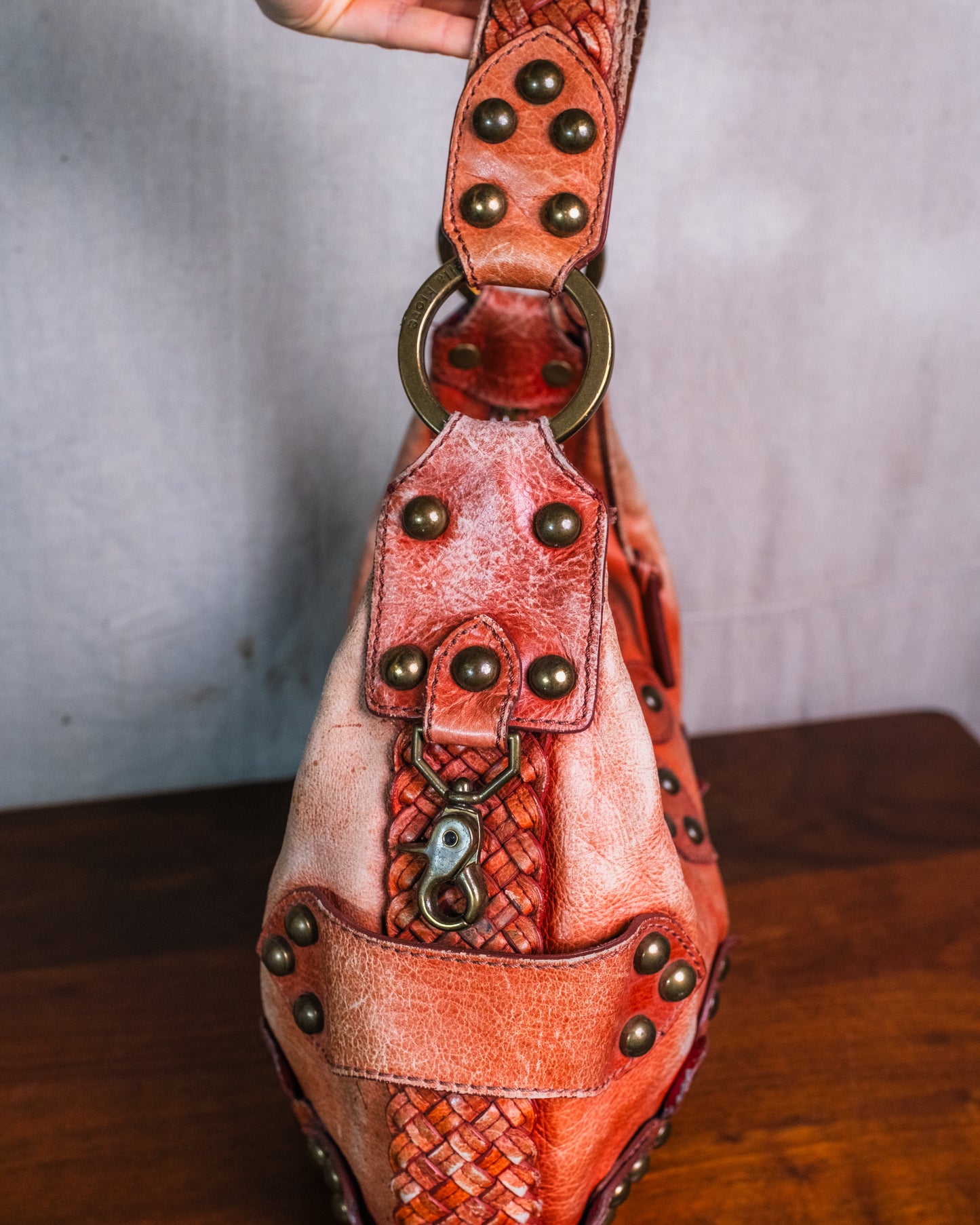 Vintage Isabella Fiore Oasis Studded Leather Distressed Hobo Shoulder Bag