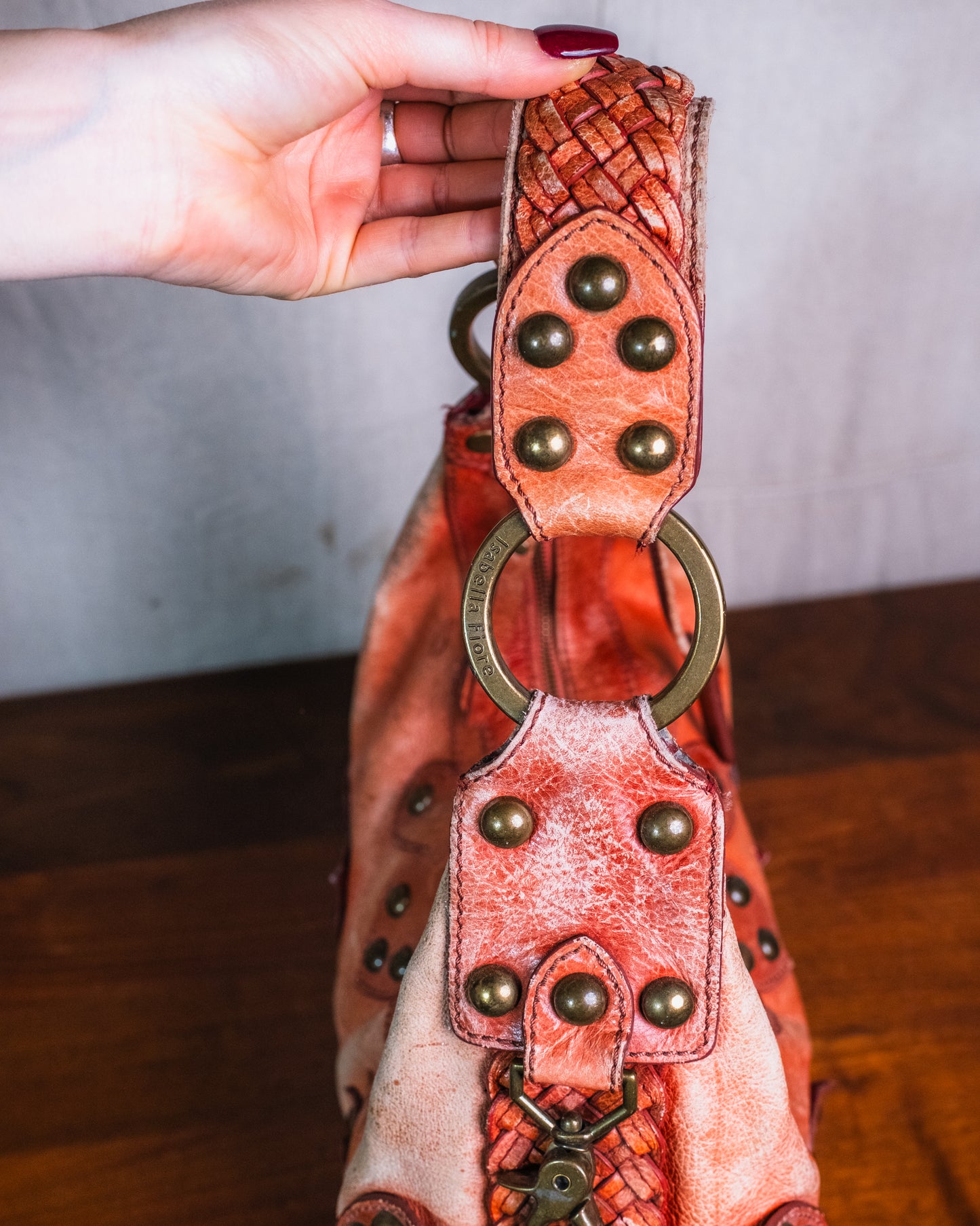 Vintage Isabella Fiore Oasis Studded Leather Distressed Hobo Shoulder Bag