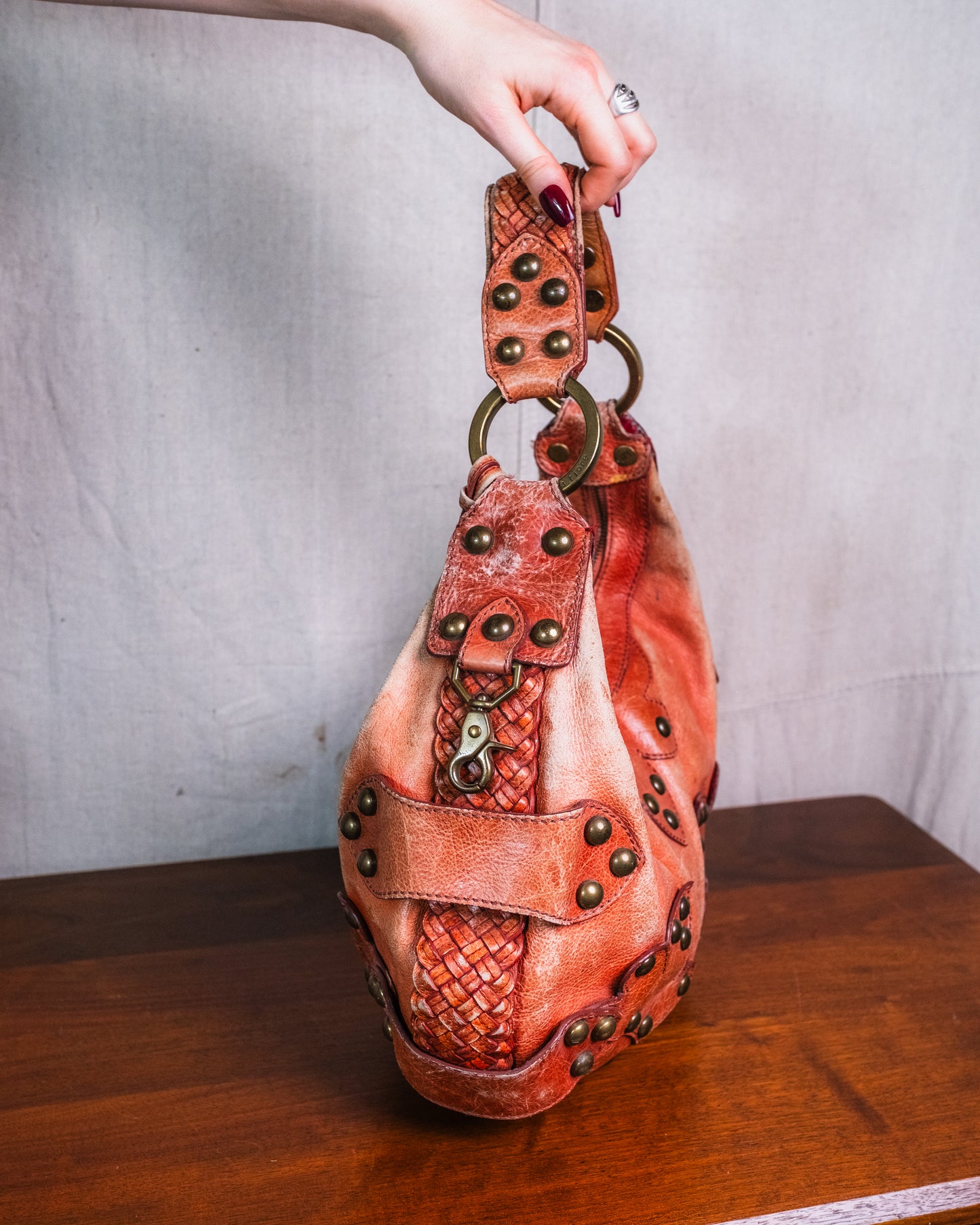 Vintage Isabella Fiore Oasis Studded Leather Distressed Hobo Shoulder Bag