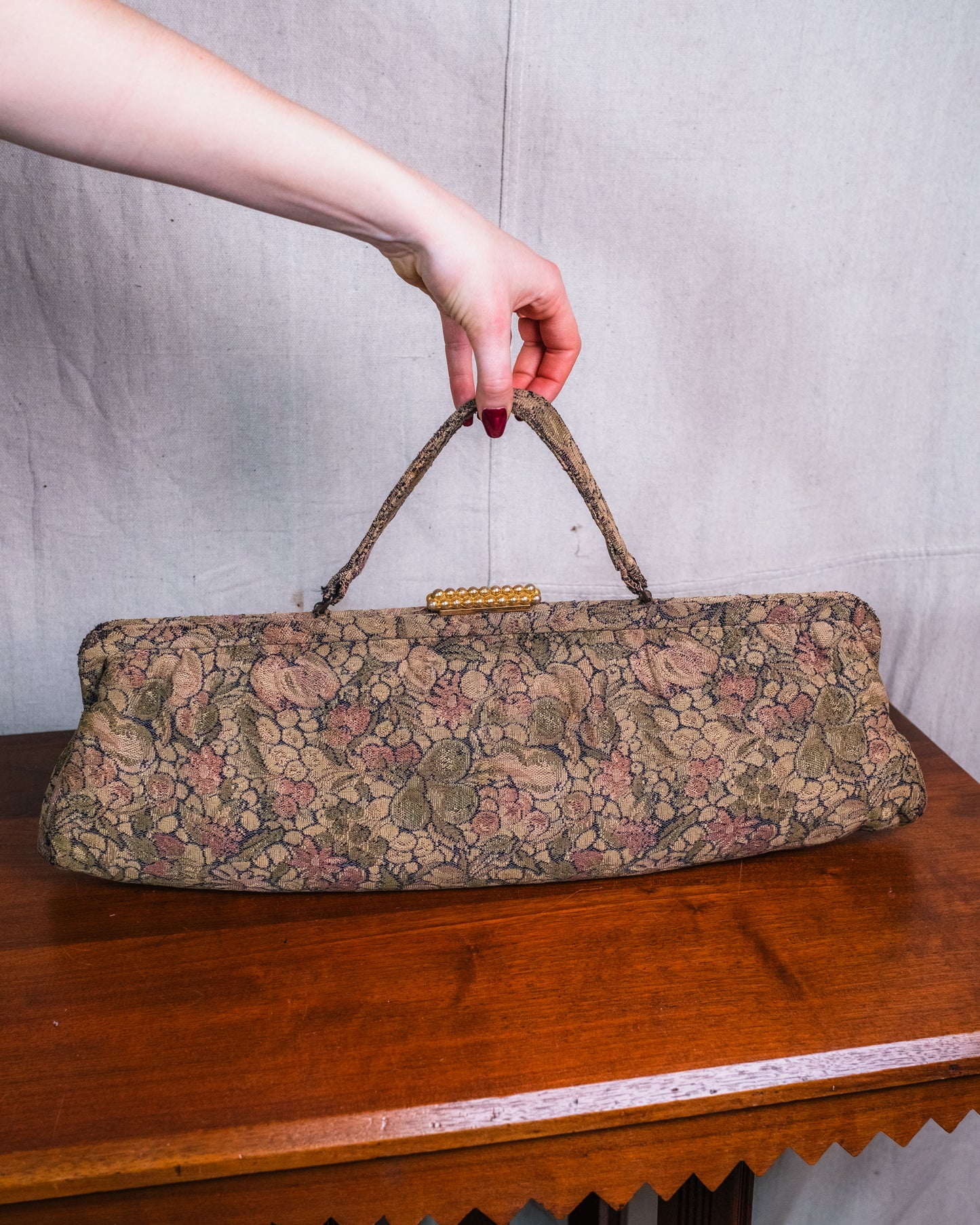 Vintage 1950s Floral Tapestry Top Handle Oversized Clutch Handbag