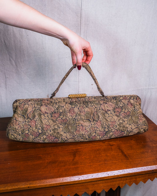 Vintage 1950s Floral Tapestry Top Handle Oversized Clutch Handbag