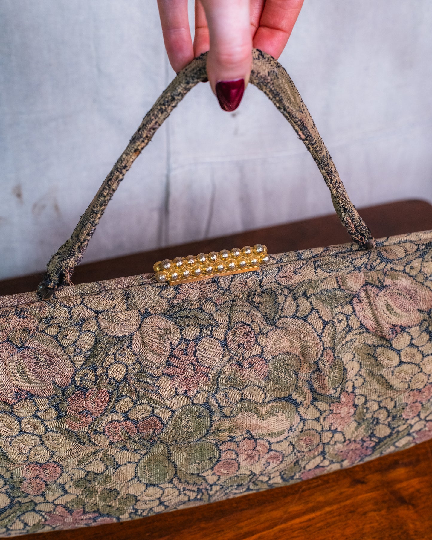 Vintage 1950s Floral Tapestry Top Handle Oversized Clutch Handbag
