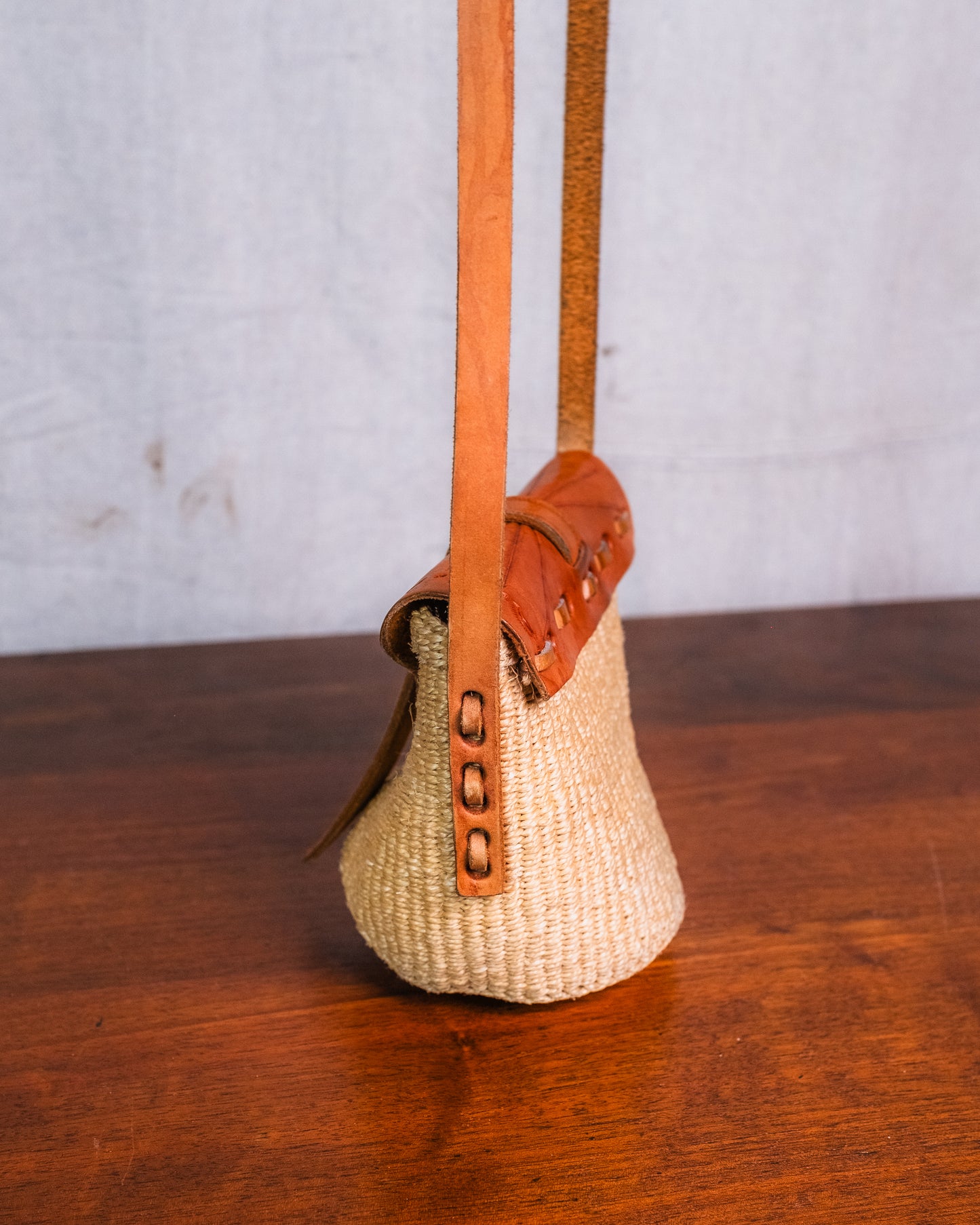 Vintage 1970s Sisal Woven & Tooled Leather Mini Crossbody Kiondo Bag