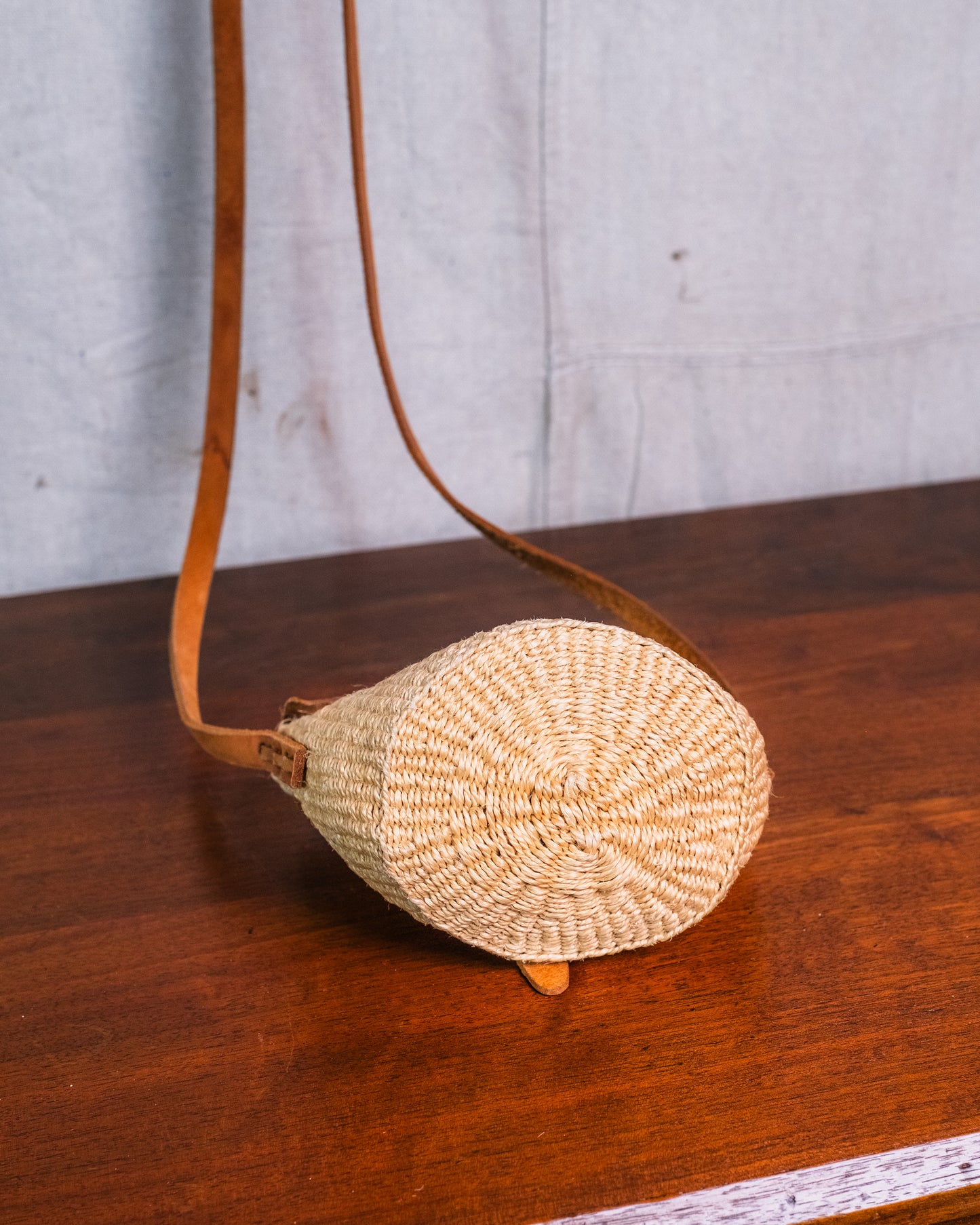 Vintage 1970s Sisal Woven & Tooled Leather Mini Crossbody Kiondo Bag