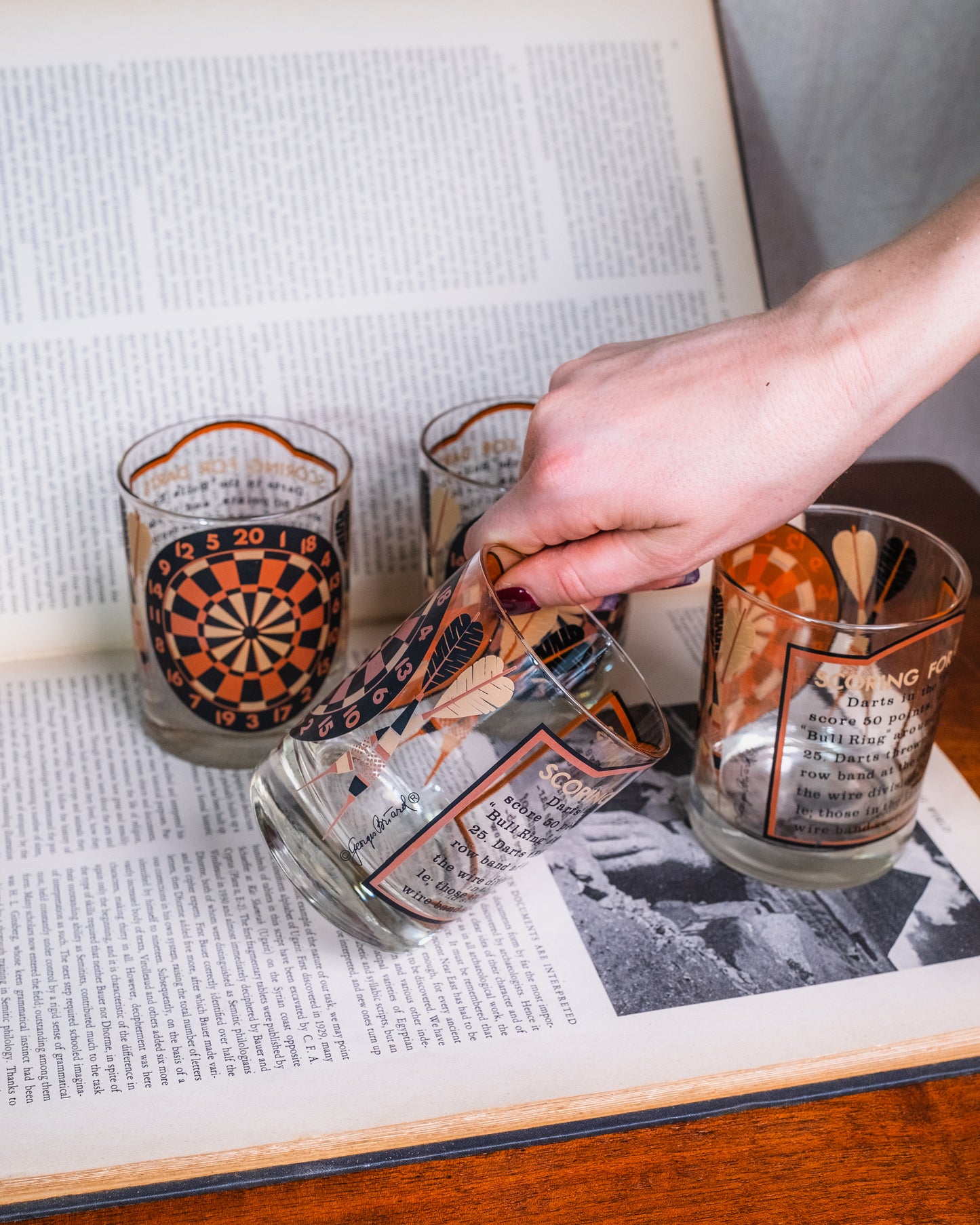 Vintage Mid-Century Georges Briard “Scoring for Darts” Lowball Glasses | Set of 4