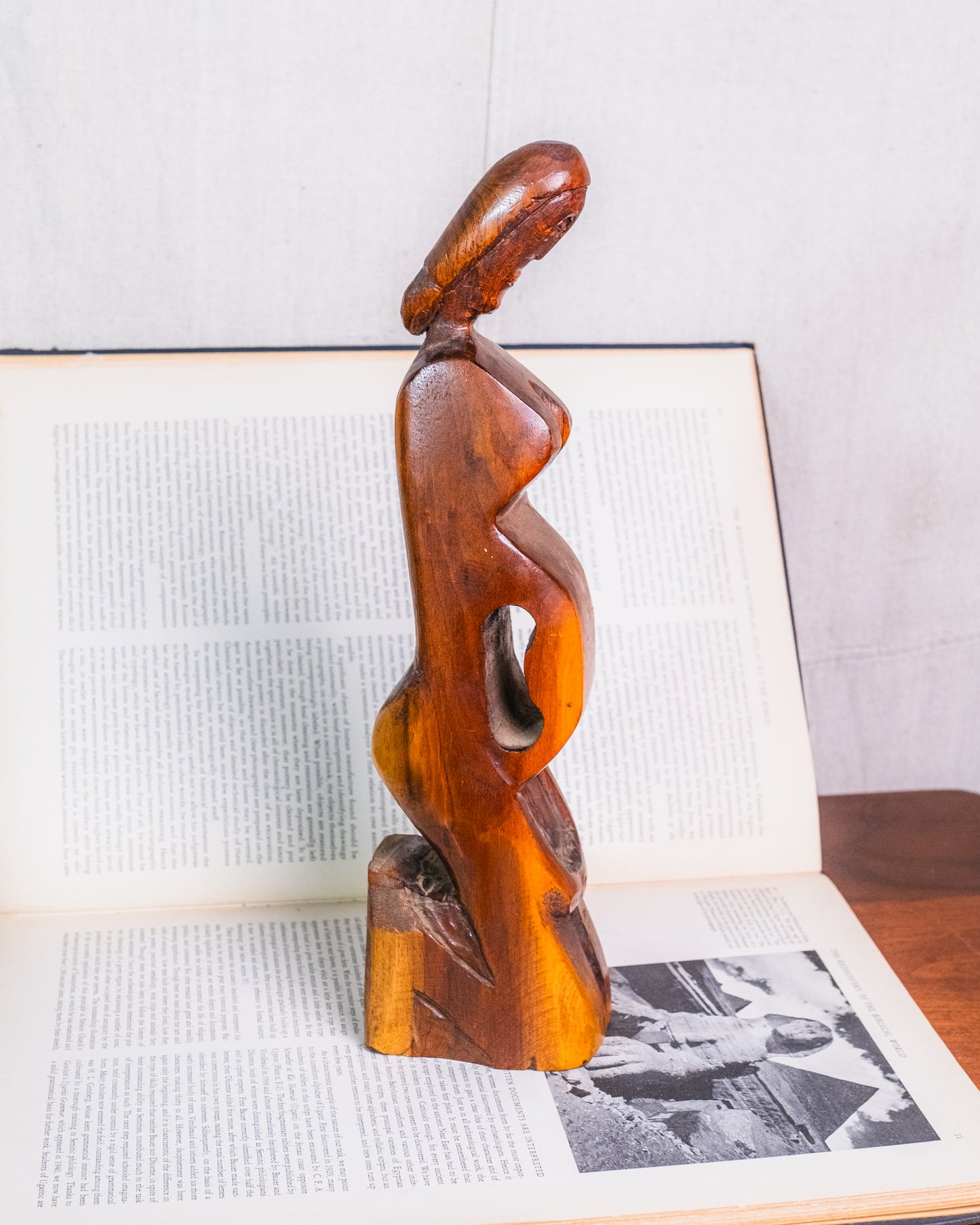 Vintage Wood-Carved Kneeling Pregnant Woman Sculpture