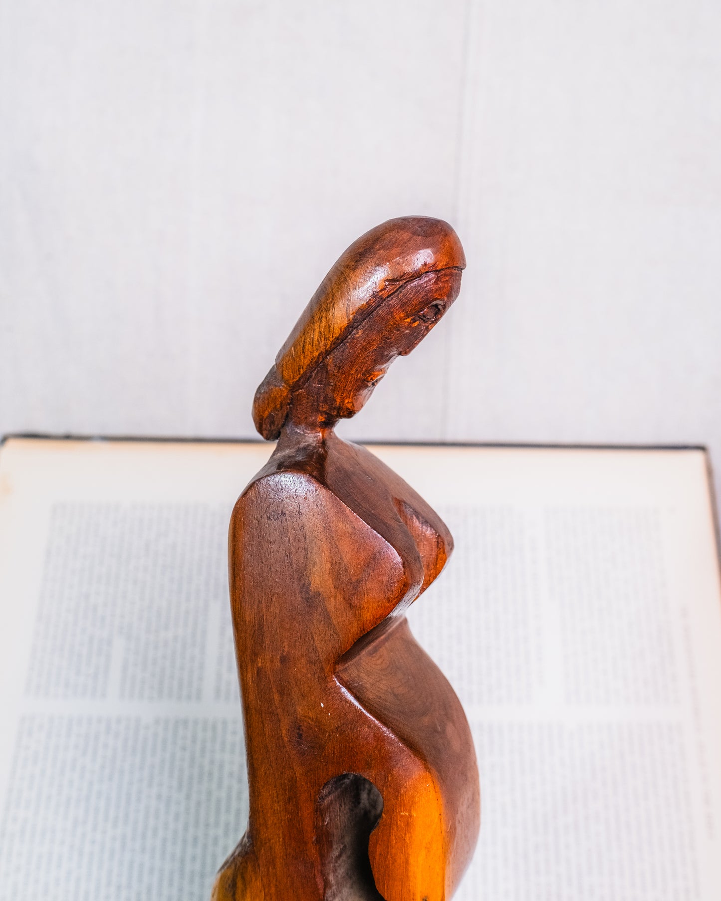 Vintage Wood-Carved Kneeling Pregnant Woman Sculpture