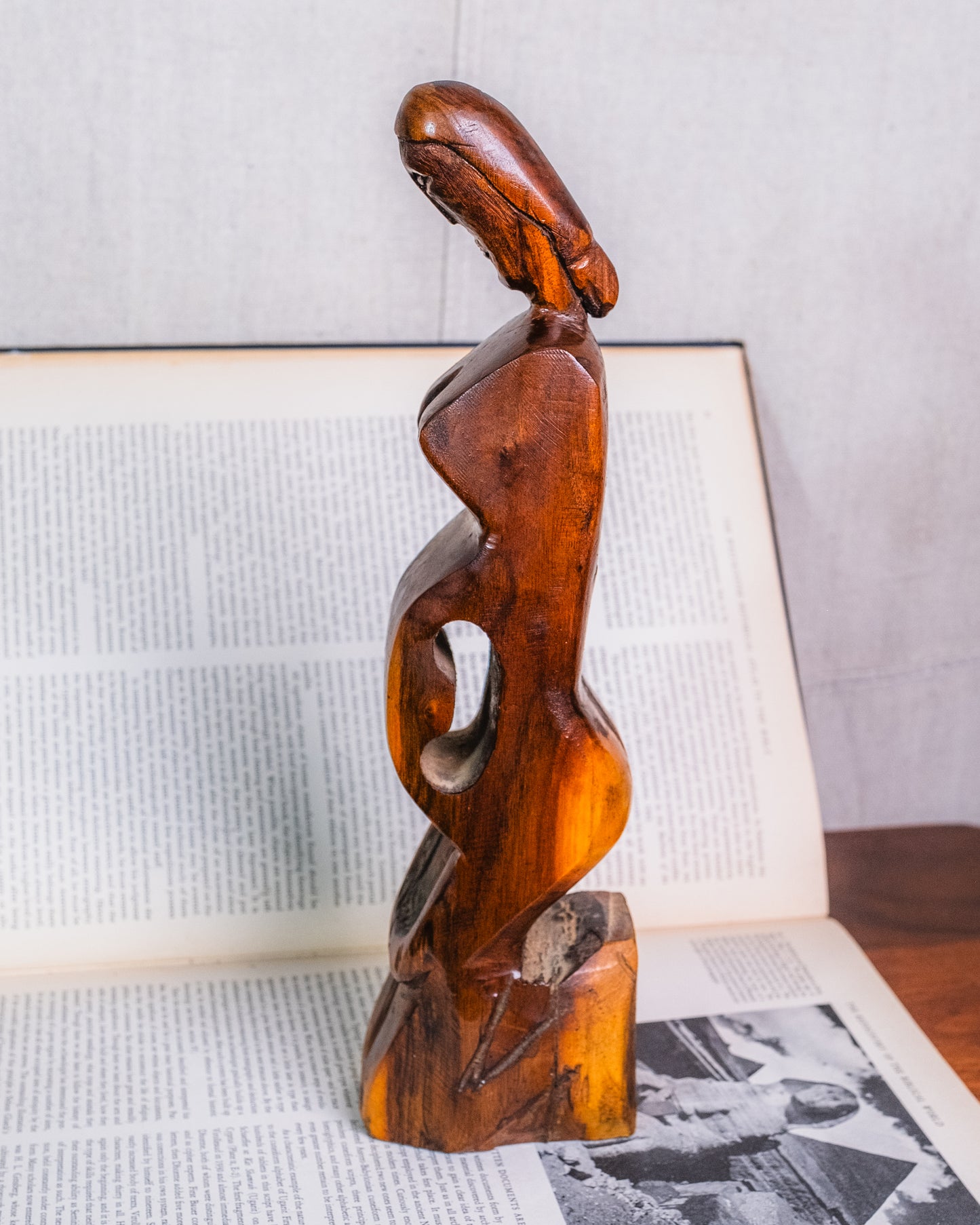 Vintage Wood-Carved Kneeling Pregnant Woman Sculpture