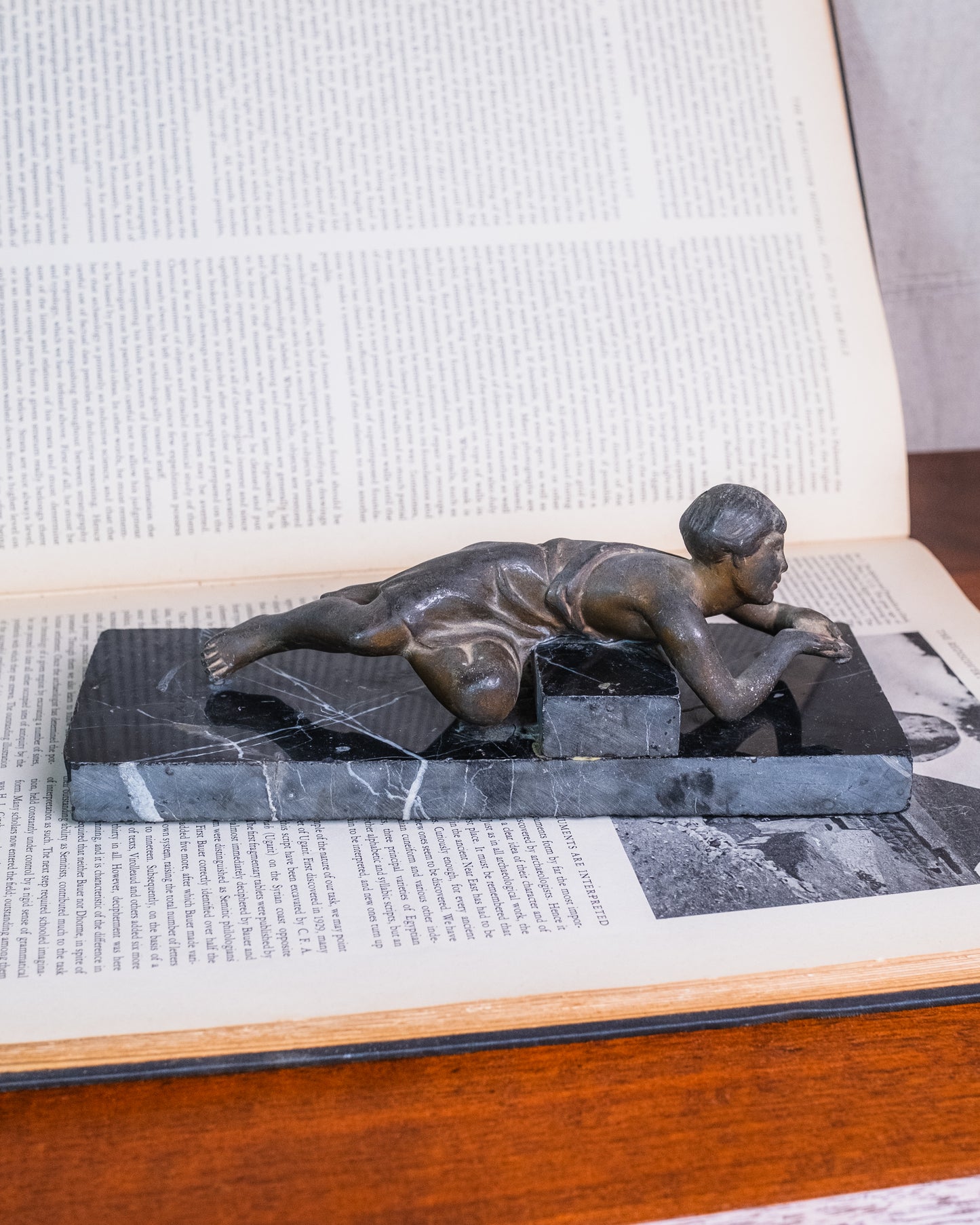 Antique 1920s Art Deco Bronze & Marble Reclining Figure Sculpture