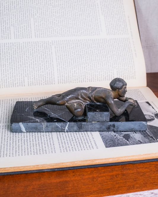 Antique 1920s Art Deco Bronze & Marble Reclining Figure Sculpture