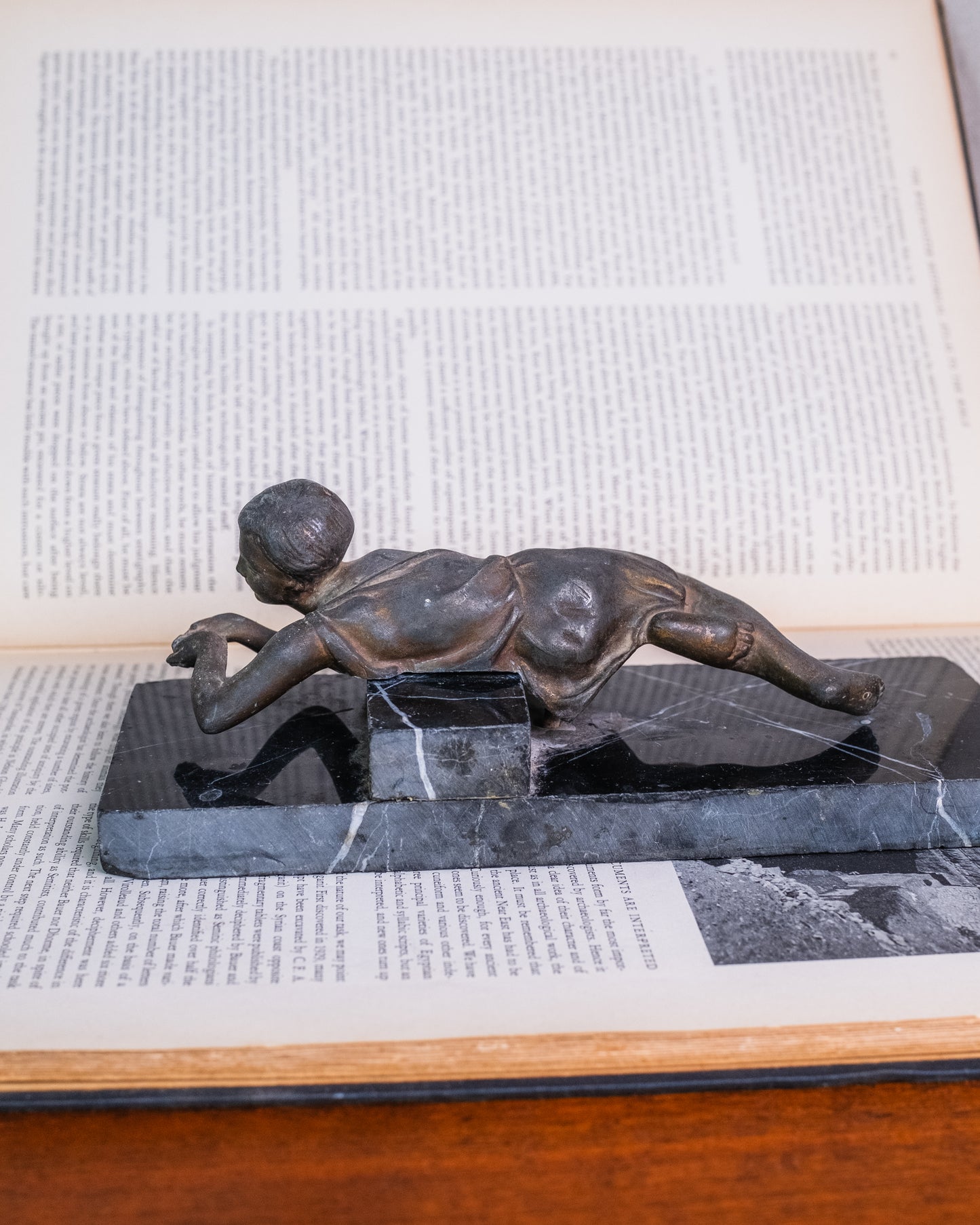 Antique 1920s Art Deco Bronze & Marble Reclining Figure Sculpture