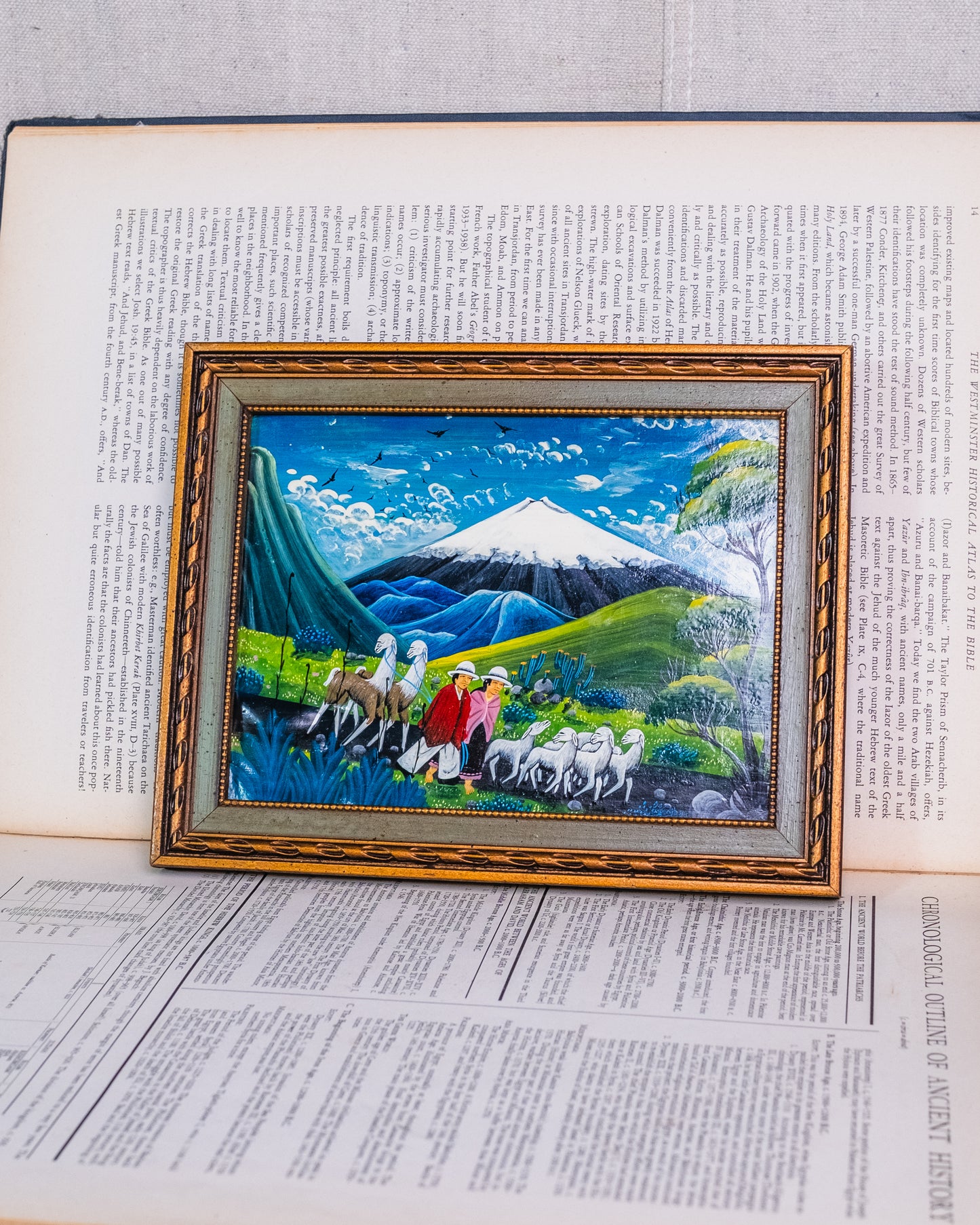 Vintage Framed Ecuadorian Tigua "Two Farmers" Oil on Sheepskin Painting | Signed