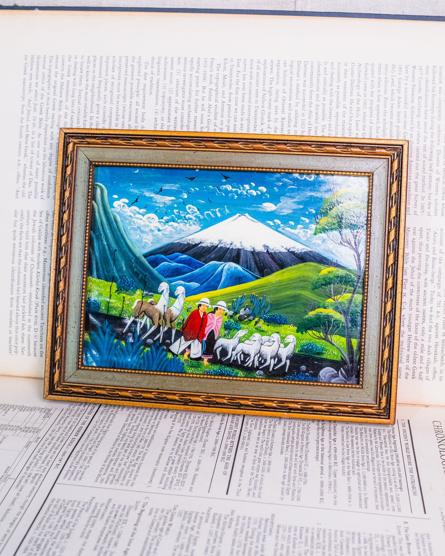 Vintage Framed Ecuadorian Tigua "Two Farmers" Oil on Sheepskin Painting | Signed