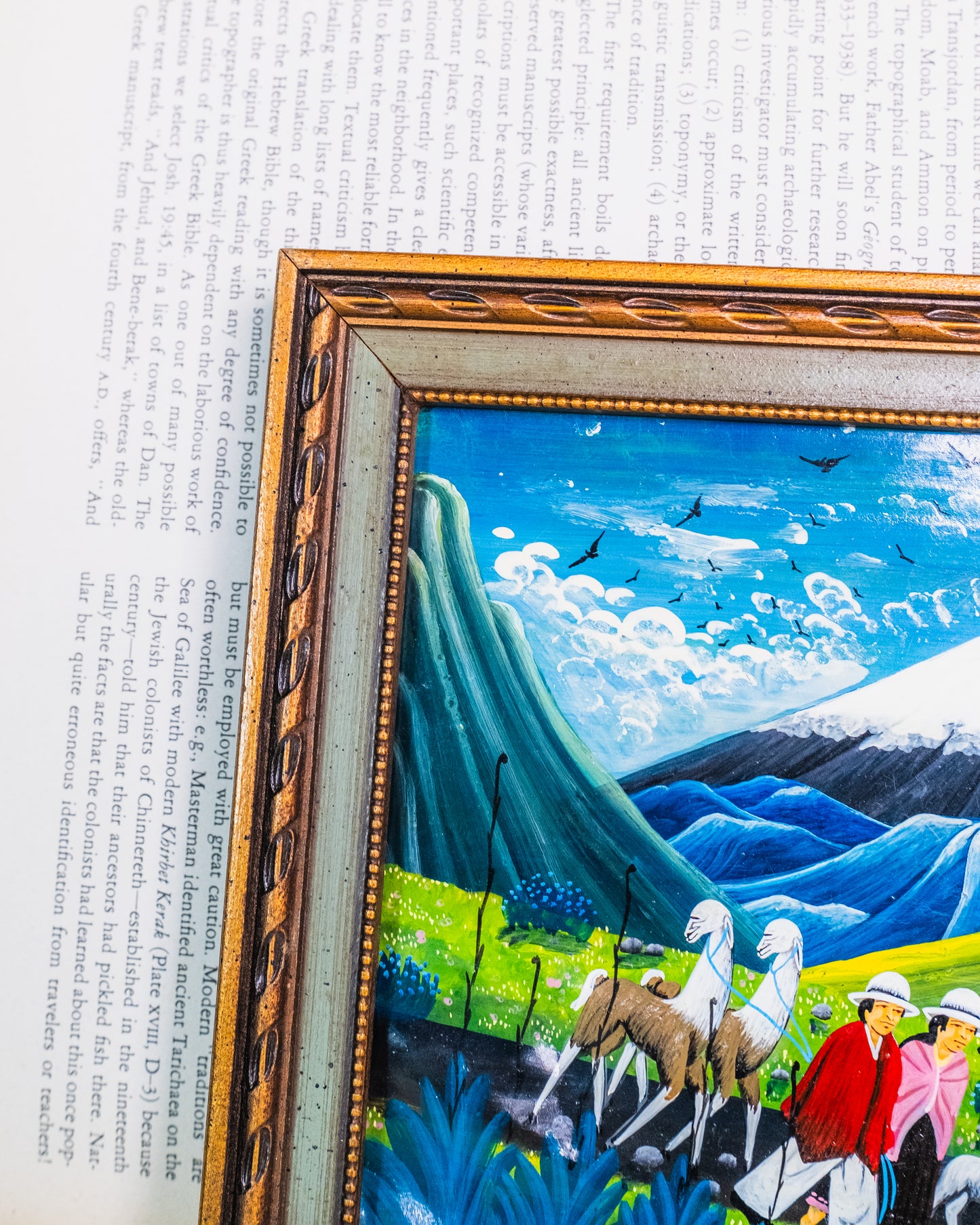 Vintage Framed Ecuadorian Tigua "Two Farmers" Oil on Sheepskin Painting | Signed