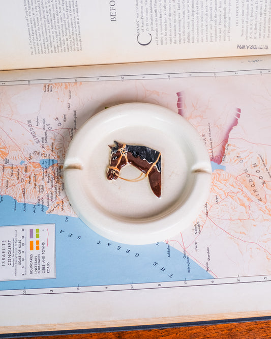 Vintage 1950s White Ceramic Round Horse Ashtray
