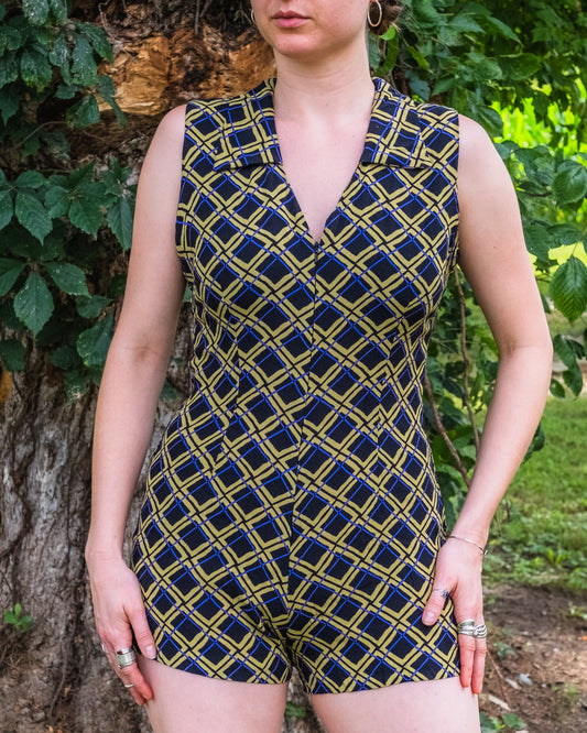 Vintage Selections Geometric Print Sleeveless Zip-Front Romper | S/M