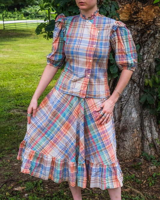 Vintage 1970s Multi-Color Plaid Two-Piece Blouse & Skirt Set | XS